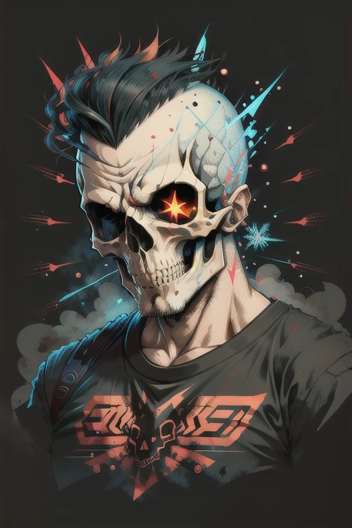 skull, mohawk, vector art,j-horror, black background, t-shirt logo design, joyful, lens flare abuse, Yuki Katsura, subalpine meadows, Walking Catfish, Christmas Red
