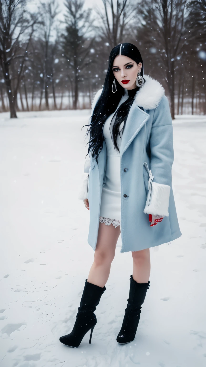Woman, long black hair, bold light blue eyeshadows, red lips, goth style woman, white dress, outdoor, fullbody photo, high heels, huge silver earrings, winter, snow,white short fur jacket, small tattoo on arm