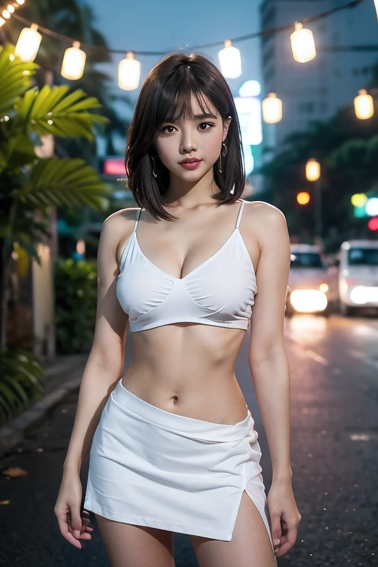1girl Thai, 22 yo, "Lisa idol K-Pop, solo, white miniskirt, big breasts, navel, short hair, looking at viewer, midriff, realistic, blurry, cleavage, big breasts: 1.8, blurry background, red camisole, brown eyes, black hair, crop top, collarbone, red lips, bangs, white flip-flops, outdoors, arms at sides, People in bikini playing Songkran festival backdrop, body wet, road Bangkok illuminated by the glow of string lights as dusk settles in. Soft, ambient light from nearby lamps and the fading sunset casts a warm, full body.
