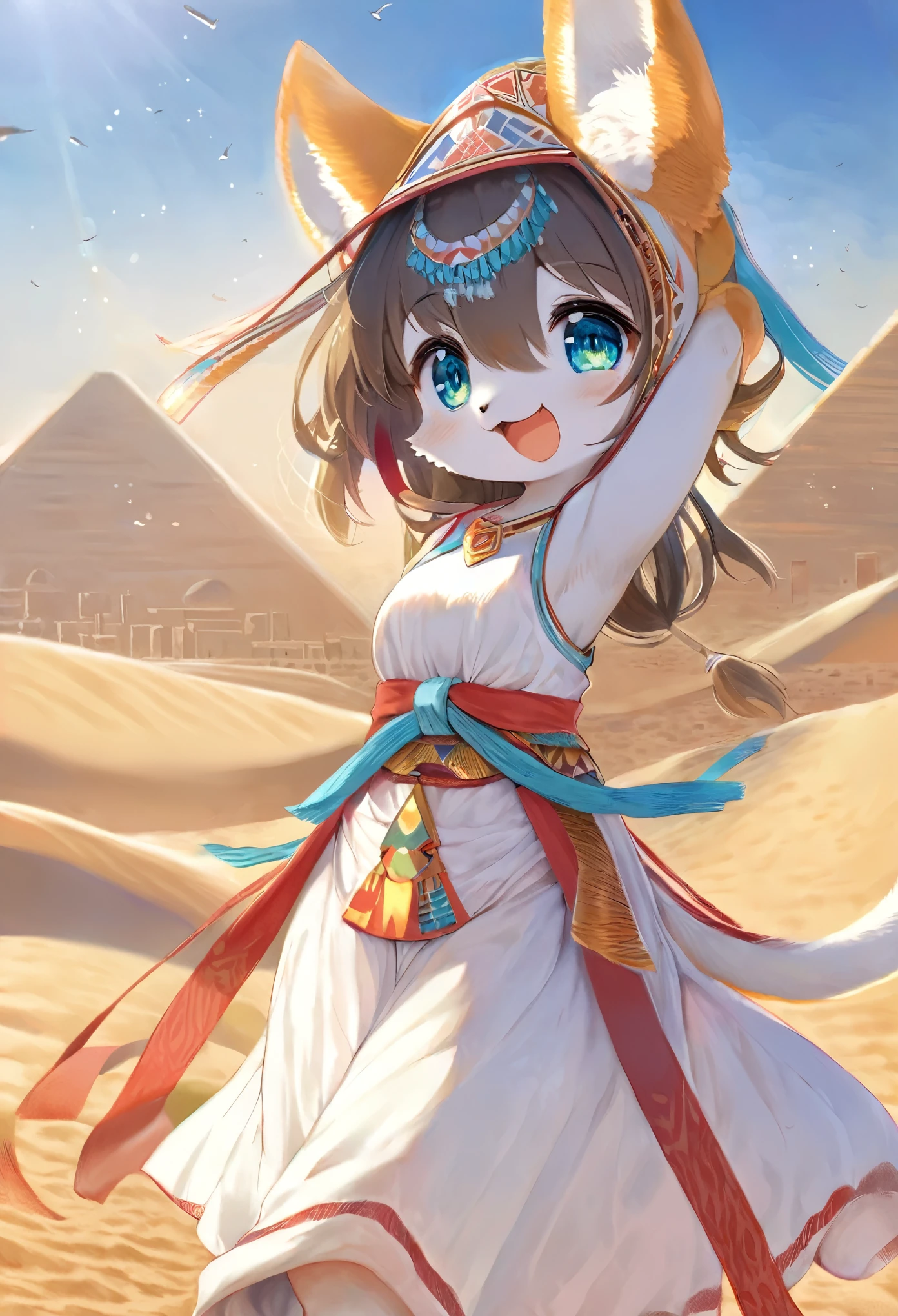 top quality, best quality, High-quality illustrations, masterpiece, super high resolution, detailed background, detailed background, desert, sand dunes, pyramid, Traditional costumes, 1girl, Natural subject pose,  Happy, joyful, absurdres(highly detailed beautiful face and eyes)perfect anatomy(kemono, furry anthro),