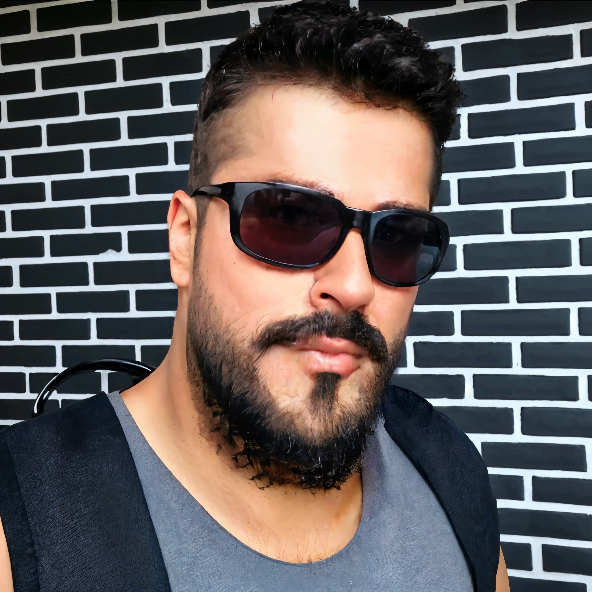 there is a man with a beard and sunglasses in front of a brick wall, cerca de 3 5 anos, 32 anos, imagem de perfil, 29 anos, barba preta espessa, profile picture with headshot, barba curta, 28 anos de idade, twitch streamer / jogador ludwig, barba espessa altamente detalhada, barba pequena, 27 anos de idade, caio santos