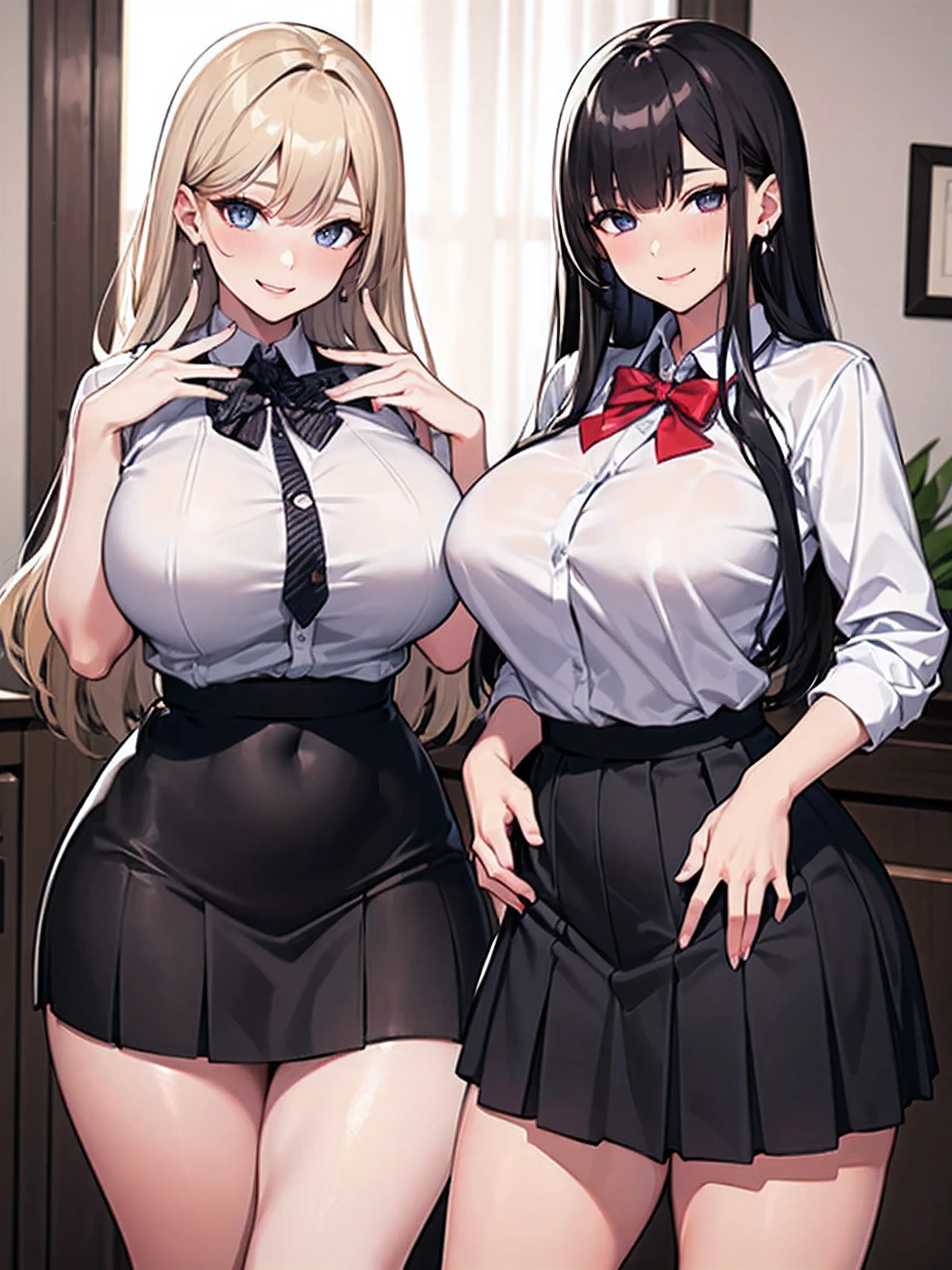 (masterpiece), best quality, (SHARP details), 4k, expressive eyes, SHARP detail expressive eyes, (SHARP detail perfect face), (2 girls), wearing , highschool students, plaited black school skirt, BREAK, (left girl is called Ayane), Ayane: (wearing a highschool shirt, (black school skirt), Ayane has blonde long hair, Ayane has droopy eyes, ditzy, huge breasts, hourglass figure, nice hips, wavy hair, voluptuous, Ayane is a blonde gyaru with earrings, 20 years old, ((detailed fingers)), ((detailed hands)), (slutty eyes), (slutty smile)), BREAK, (right girl is called Mako) Mako: (wearing a highschool uniform, black school skirt, Mako has black hair, sharp eyes, Mako is a black haired honor student, huge breasts, voluptuous, wide hips, 20 years old, ((detailed fingers)), ((detailed hands)), (slutty eyes), (slutty smile)), BREAK, both girls are standing, both are looking at viewer, (inside private home), (bedroom), dumb, sluts, (standing next to each other), smiling, lewd, sluts, (slutty expression), seductive, wearing black school skirt, two slutty girls, bedroom-eyes, offering sex, white school shirt, big hips, curvy, voluptuous, ((detailed fingers)), ((detailed hands)), ((lustful facial expression)), slutty eyes, slutty smile, ((two sluts)),