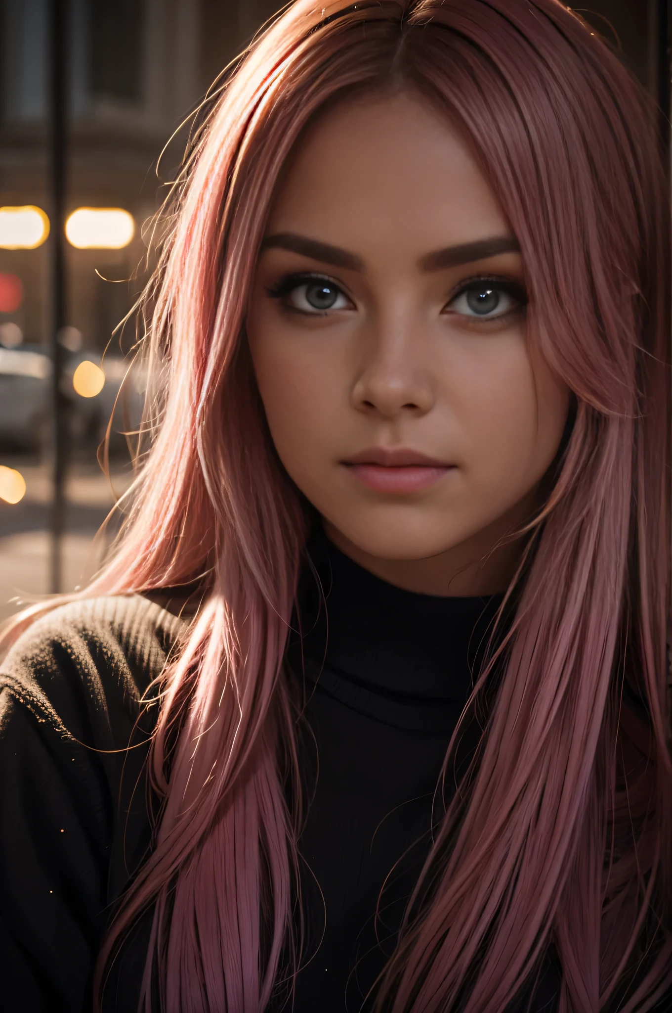 Best quality, masterpiece, ultra high res, (photorealistic:1.4), raw photo, 1girl, long hair, pink hair, detailed eyes and face, black sweater, warm cinematic lighting, in the dark, deep shadow, low key