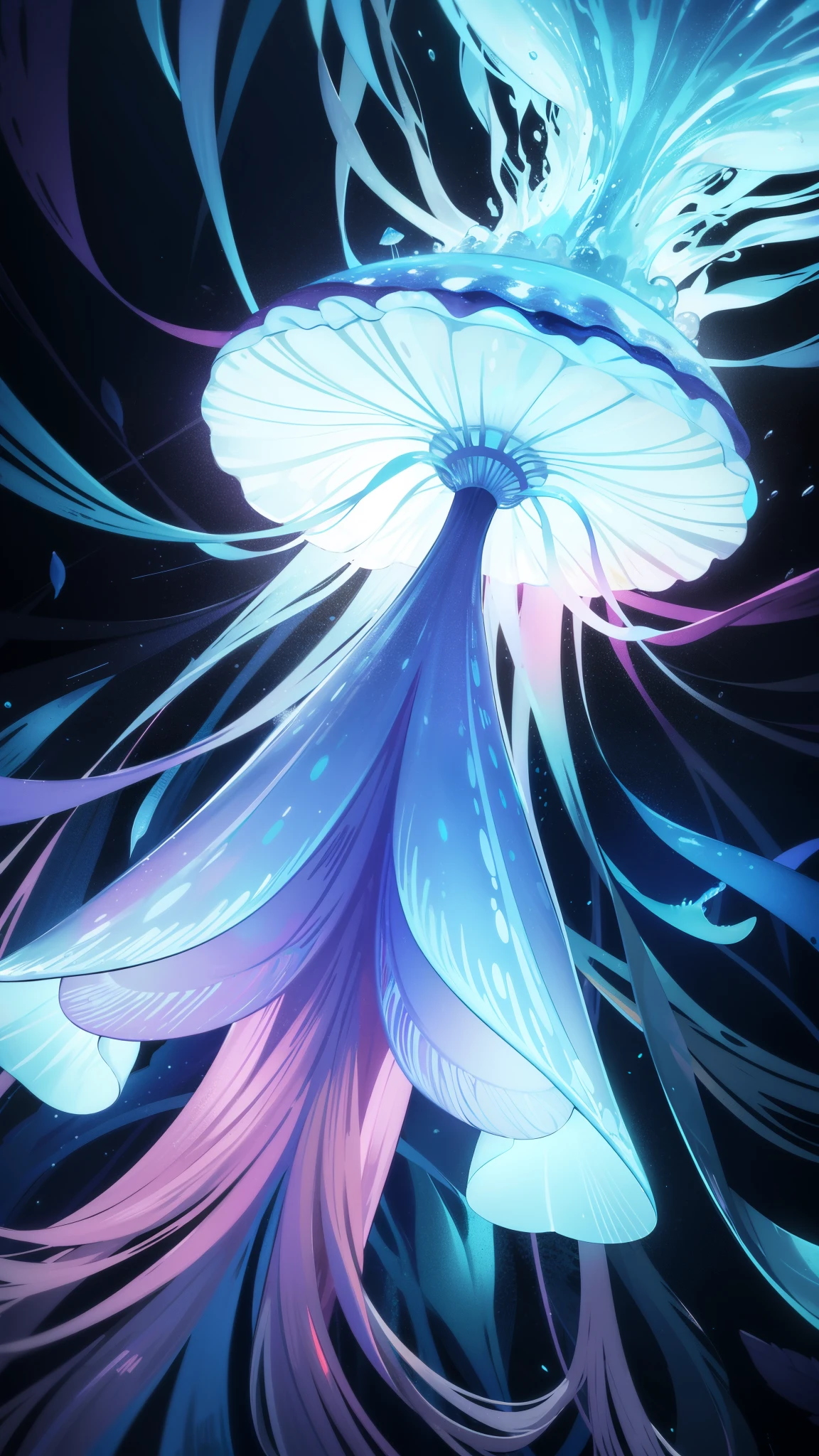 a bunch of jellyfish lost inside an unknown ecosystem all in different colors, glowing, glimmers, sparkels,