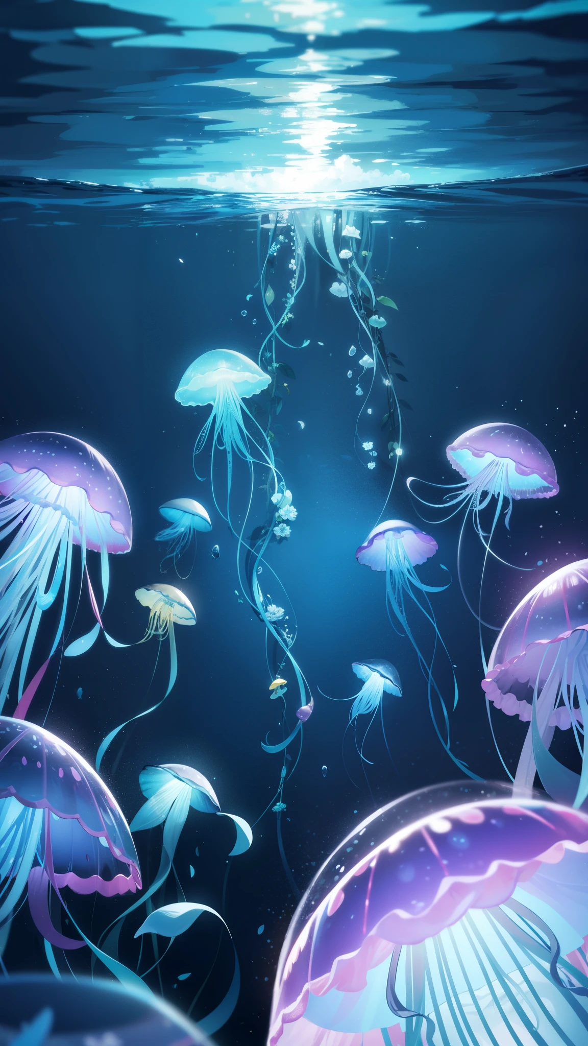 a bunch of jellyfish lost inside an unknown ecosystem all in different colors, glowing, glimmers, sparkels,