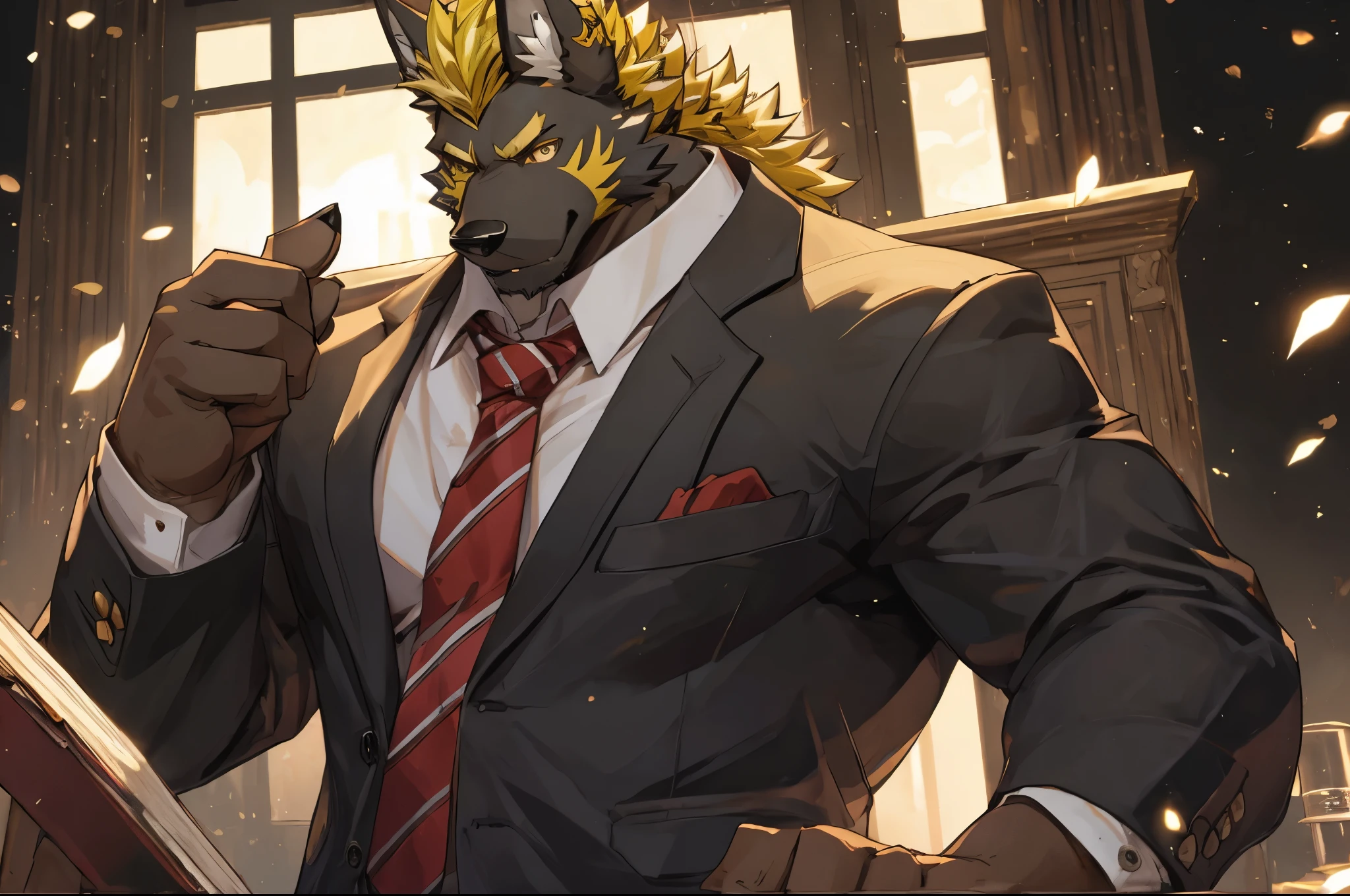 ((best quality)), ((masterpiece)), (detailed), perfect face, bara furry, dog man, big body, black skin, short quiff yellow hair, yellow eyes, perfect eyes, big dog ears, handsome, at , tie