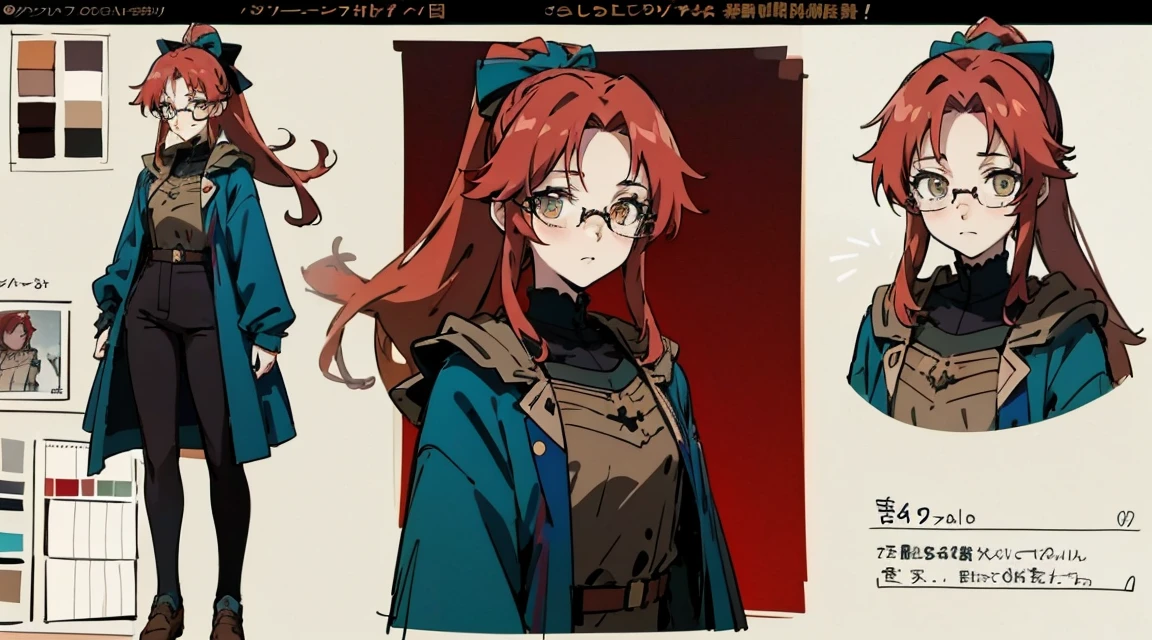 1 person, 22 year old woman, anime style, librarian, red hair, ponytail, ((glasses)), color palette black white red teal, crystal, (character sheet), golden eyes, high quality, masterpiece 