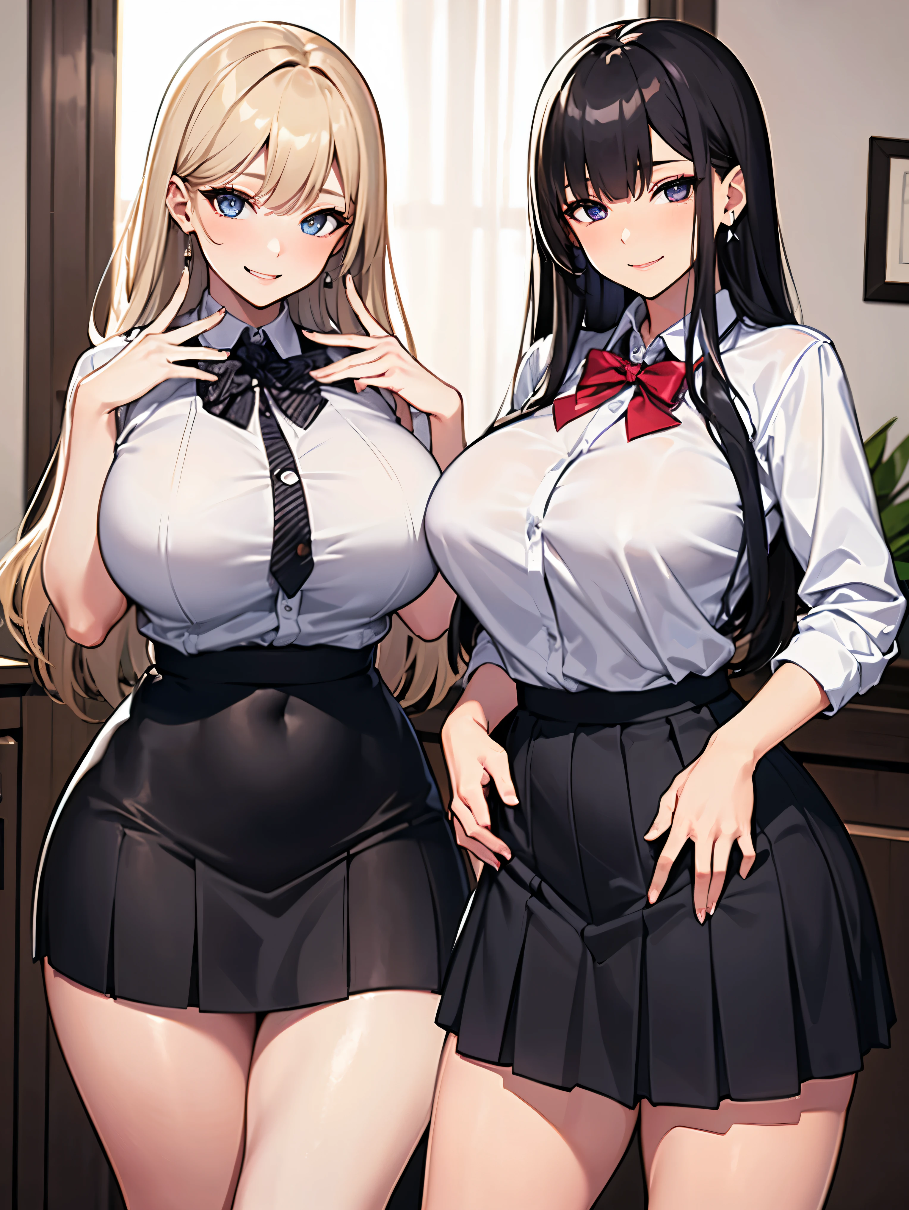 (masterpiece), best quality, (SHARP details), 4k, expressive eyes, SHARP detail expressive eyes, (SHARP detail perfect face), (2 girls), wearing , highschool students, plaited black school skirt, BREAK, (left girl is called Ayane), Ayane: (wearing a highschool shirt, (black school skirt), Ayane has blonde long hair, Ayane has droopy eyes, ditzy, huge breasts, hourglass figure, nice hips, wavy hair, voluptuous, Ayane is a blonde gyaru with earrings, 20 years old, ((detailed fingers)), ((detailed hands)), (slutty eyes), (slutty smile)), BREAK, (right girl is called Mako) Mako: (wearing a highschool uniform, black school skirt, Mako has black hair, sharp eyes, Mako is a black haired honor student, huge breasts, voluptuous, wide hips, 20 years old, ((detailed fingers)), ((detailed hands)), (slutty eyes), (slutty smile)), BREAK, both girls are standing, both are looking at viewer, (inside private home), (bedroom), dumb, sluts, (standing next to each other), smiling, lewd, sluts, (slutty expression), seductive, wearing black school skirt, two slutty girls, bedroom-eyes, offering sex, white school shirt, big hips, curvy, voluptuous, ((detailed fingers)), ((detailed hands)), ((lustful facial expression)), slutty eyes, slutty smile, ((two sluts)),