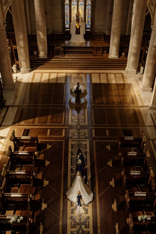 Dimly lit, gigantic golden cathedral seen at an angle slightly above those watching the wedding ceremony taking place. The bride is in the middle of the aisle that takes her to the altar, where the groom is waiting. the bride walks next to her father and both have their backs to the drawing&#39;s point of view. the cathedral is decorated with Renaissance paintings and ornaments on its columns. The image is being seen from above, a noiva, os convidados, o noivo, todos parecem bem pequenos, and everything has a magical and mysterious air. the point of view is centered with the altar, parece um sonho. make it seem as magical and close to fairy tales as possible. remembering that everything is made of gold. o casamento tem que parecer um conto de fadas.