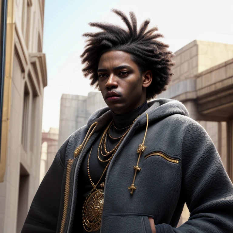 “Portrayal of a movie poster of the gentleman in this current photo as a warrior in street wear , who is confident, strong, African American, wise, courageous, brave, naturally attractive, charming, cancer zodiac energy, god like presence, divine essence, genetics, melanin skin tone, street wear fashion, luxurious suede fleece, high quality street wear,HD PHOTO, high quality photo, cinematic photo style, art, high quality art, palace hall,”