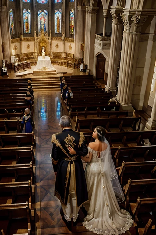 Dimly lit, gigantic golden cathedral seen at an angle slightly above those watching the wedding ceremony taking place. The bride is in the middle of the aisle that takes her to the altar, where the groom is waiting. the bride walks next to her father and both have their backs to the drawing's point of view. the cathedral is decorated with Renaissance paintings and ornaments on its columns. The image is being seen from above, a noiva, os convidados, o noivo, todos parecem bem pequenos, and everything has a magical and mysterious air. the point of view is centered with the altar, parece um sonho. make it seem as magical and close to fairy tales as possible. remembering that everything is made of gold. o casamento tem que parecer um conto de fadas.