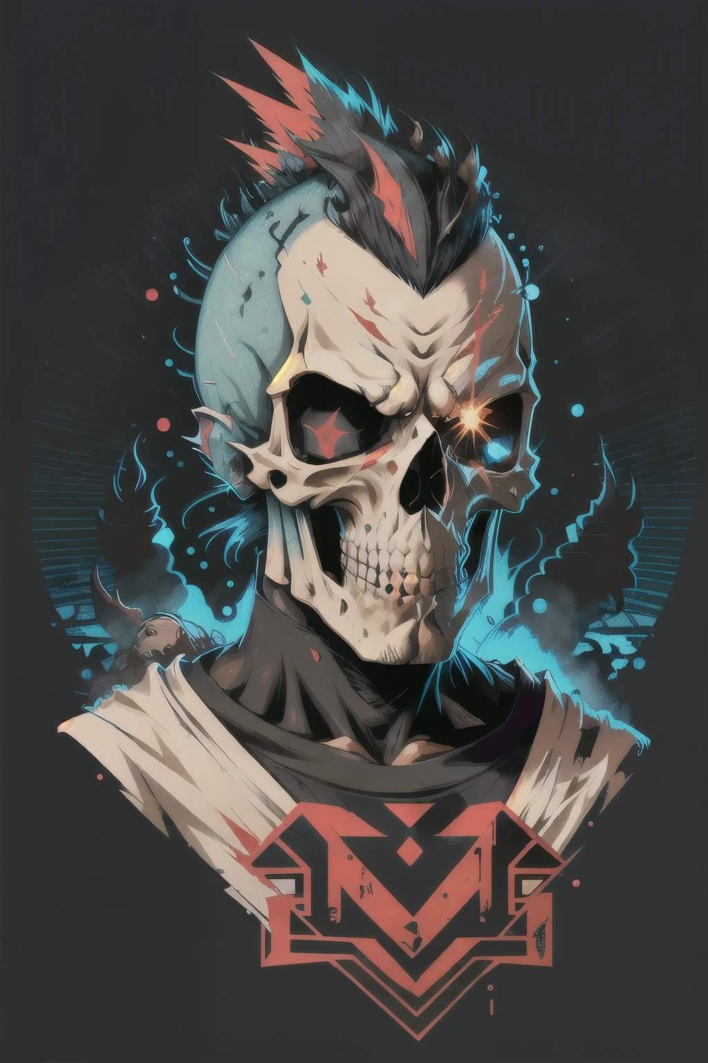 skull, mohawk, vector art,j-horror, black background, t-shirt logo design, joyful, lens flare abuse, Yuki Katsura, subalpine meadows, Walking Catfish, Christmas Red