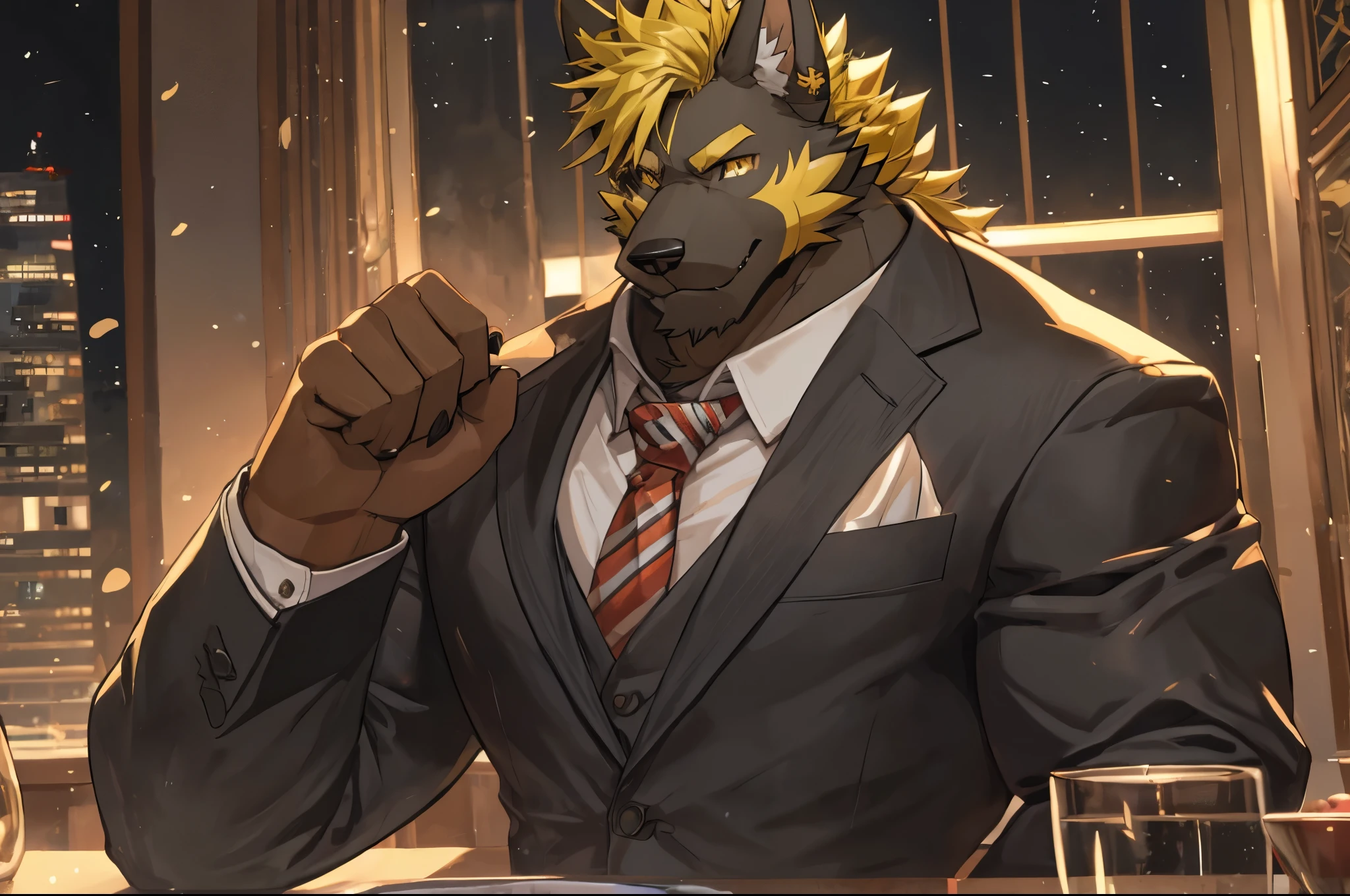 ((best quality)), ((masterpiece)), (detailed), perfect face, bara furry, dog man, big body, black skin, short quiff yellow hair, yellow eyes, perfect eyes, big dog ears, handsome, at , tie