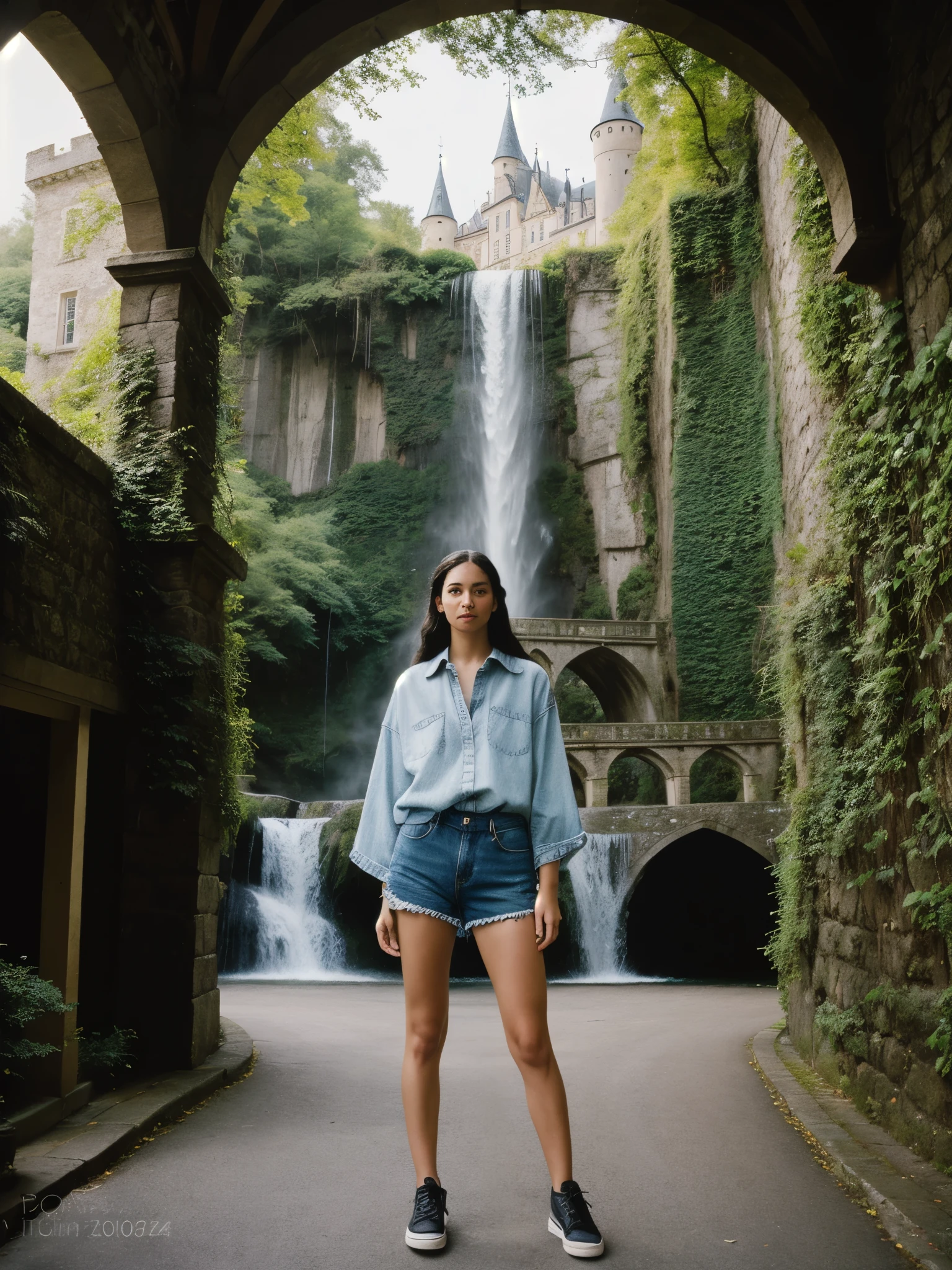 photograph of a woman, (tense facial expression), textured skin, goosebumps, black waterfall braid hair, oversized denim shirt with bike shorts and sneakers, multiple views, majestic fairy-tale castle with turrets drawbridges and ivy-covered walls, perfect eyes, (soft lighting), Porta 160 color, shot on Leica T, bokeh, sharp focus on subject, shot by Candida Höfer