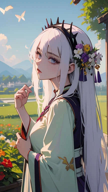 1 girl, solo, long white hair, shiny green eyes, detailed eyes, silk hanfu, white robe hanfu, purple glittering butterflies, outdoors, flower garden, high quality, ancient chinese hanfu, floral background, very detailed