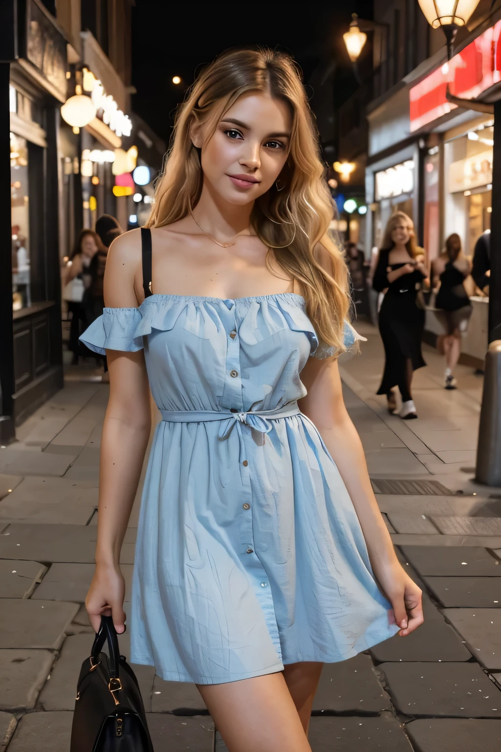 Gender and Age: Generate a young woman approximately 20 years old.
Appearance: She should have long, hot blonde hair, styled in loose waves and medium size breast. Her eyes should be blue, and her facial features should be delicate and attractive.
Clothing: Dress her in fashionable black dress.
Pose: The woman should be taking a photo in front of a restaurant.
Expression: She should have a confident and playful expression, with a hint of joy.
Background: The background should depict a chic urban scene with a stylish restaurant facade.
Lighting: Ensure the lighting is natural and flattering, enhancing the woman's features and the ambiance of the scene. Make her breast a little bit bigger and make her in black dress