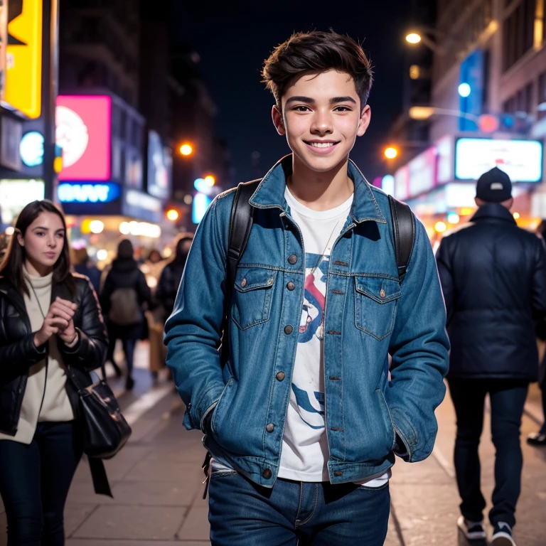 best quality, high resolution, masterpiece: 1.3, Beautifully rendered image of: A 17-year-old boy named "Lucas" with a wide smile, wearing a blue jacket, walking through the bustling streets of New York City. The image is filled with the vibrant energy of the city, as people of all shapes and sizes move around him in a colorful blur. The boy's smile is soft and inviting, and his eyes sparkle with excitement and curiosity as he takes in the sights and sounds of the city. The blue jacket stands out against the backdrop of concrete and steel, and the details of the fabric and stitching are vividly rendered. The crowded streets are