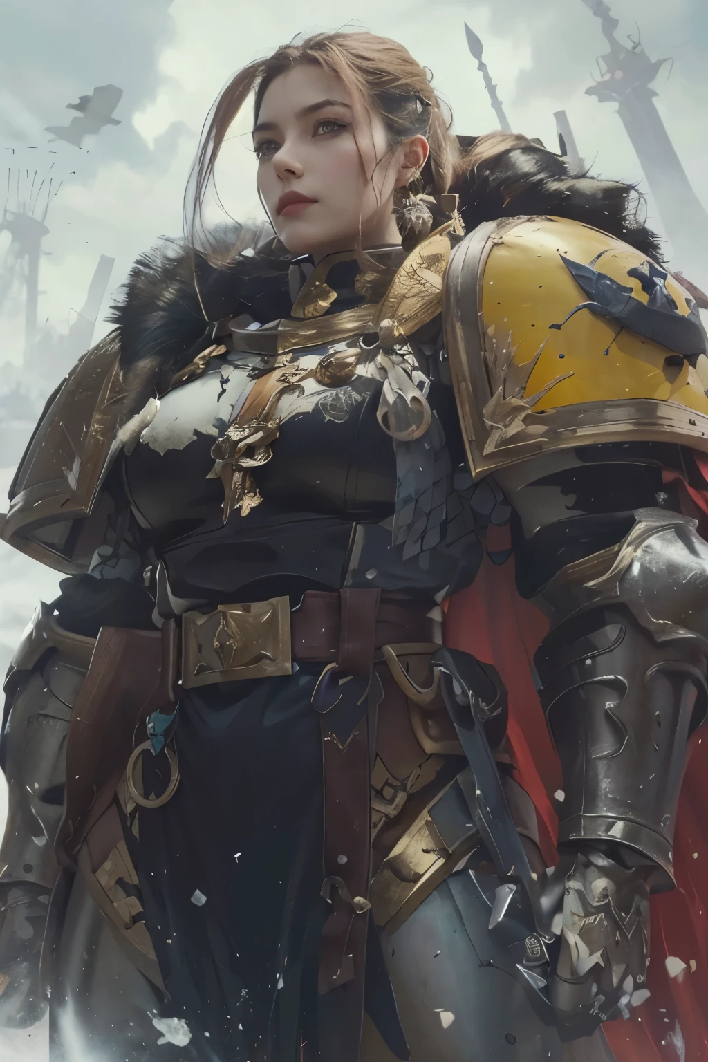 un primer plano de una mujer con armadura y espada, portrait of female paladin, arte del martillo de guerra, female paladin, picture of female paladin, armadura negra con detalles en amarillo, wojtek fus, estilo martillo de guerra, Warhammer 4 0 K Fantasy, Cabello engarzado en Warhammer, fantasy paladin woman, obra de arte de warhammer 4 0k, gorgeous female paladin