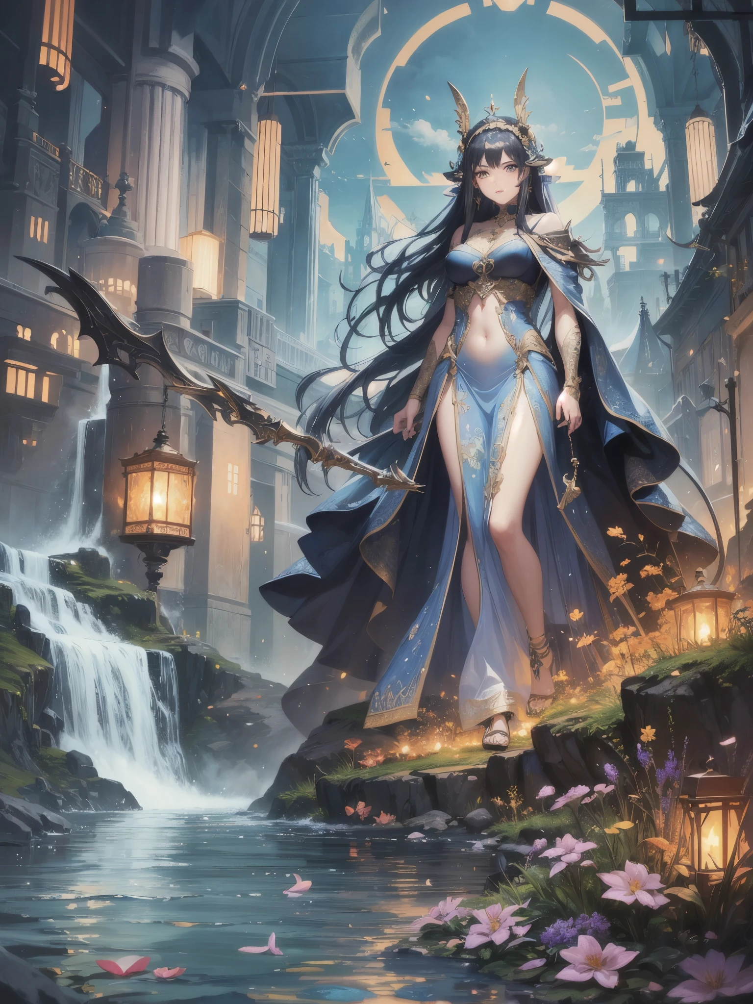 anime style, Impressive colors, clean and clear drawings, elegant, (Full body), solo, 1 beautiful girl wearing chinese fantasy clothes, posing, in the fantasy landcape, nature fantasy landcape background, panorama view