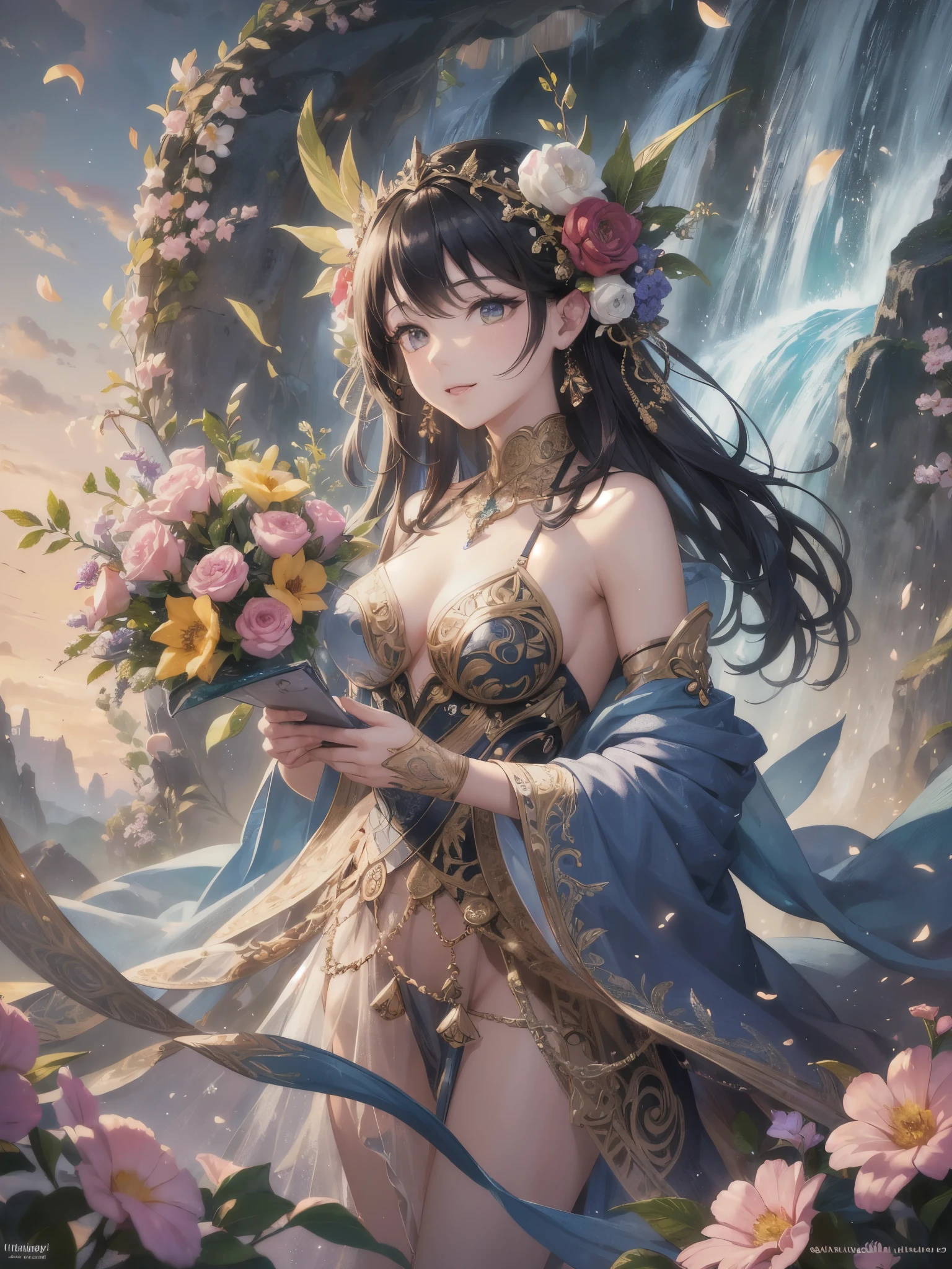 ((highest quality)),(ultra high resolution),(Super detailed),(detailed description),((best CG)),(best work of art),super precision art,amazing drawing art,(Fantasy art with intricate detail:1.5), A waterfall of vibrant flowers pouring down from the sky