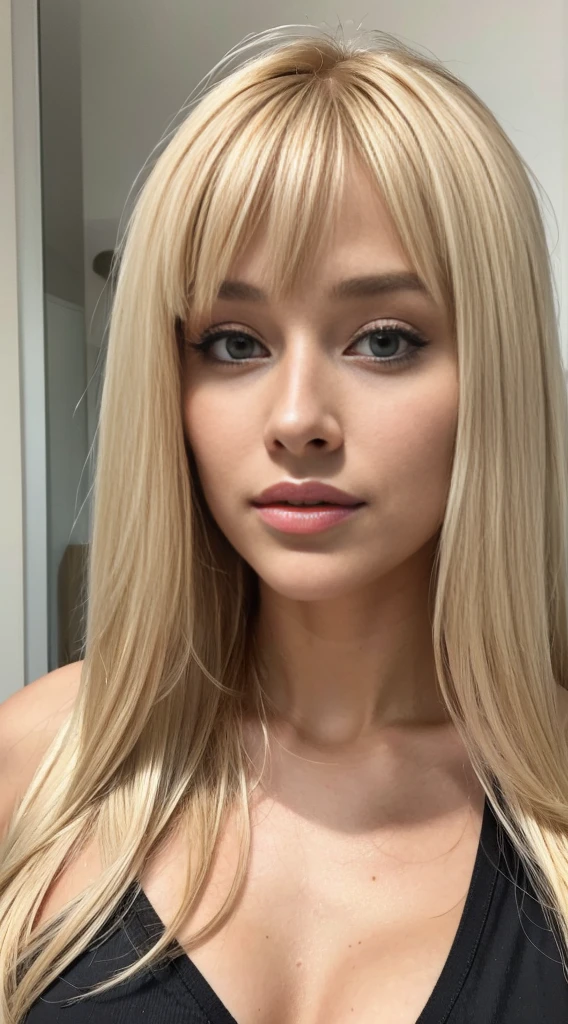29-year-old blonde girl (hyperrealistic) (masterpiece), straight hair with bangs+