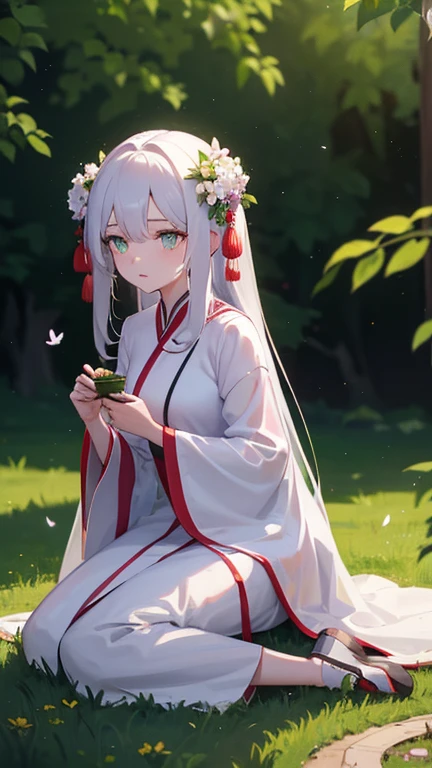 1 girl, solo, long white hair, shiny green eyes, detailed eyes, blink, silk hanfu, white robe hanfu, purple glittering butterflies, outdoors, flower garden, high quality, ancient chinese hanfu, floral background, very detailed