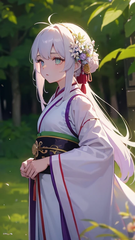 1 girl, solo, long white hair, shiny green eyes, detailed eyes, blink, silk hanfu, white robe hanfu, purple glittering butterflies, outdoors, flower garden, high quality, ancient chinese hanfu, floral background, very detailed