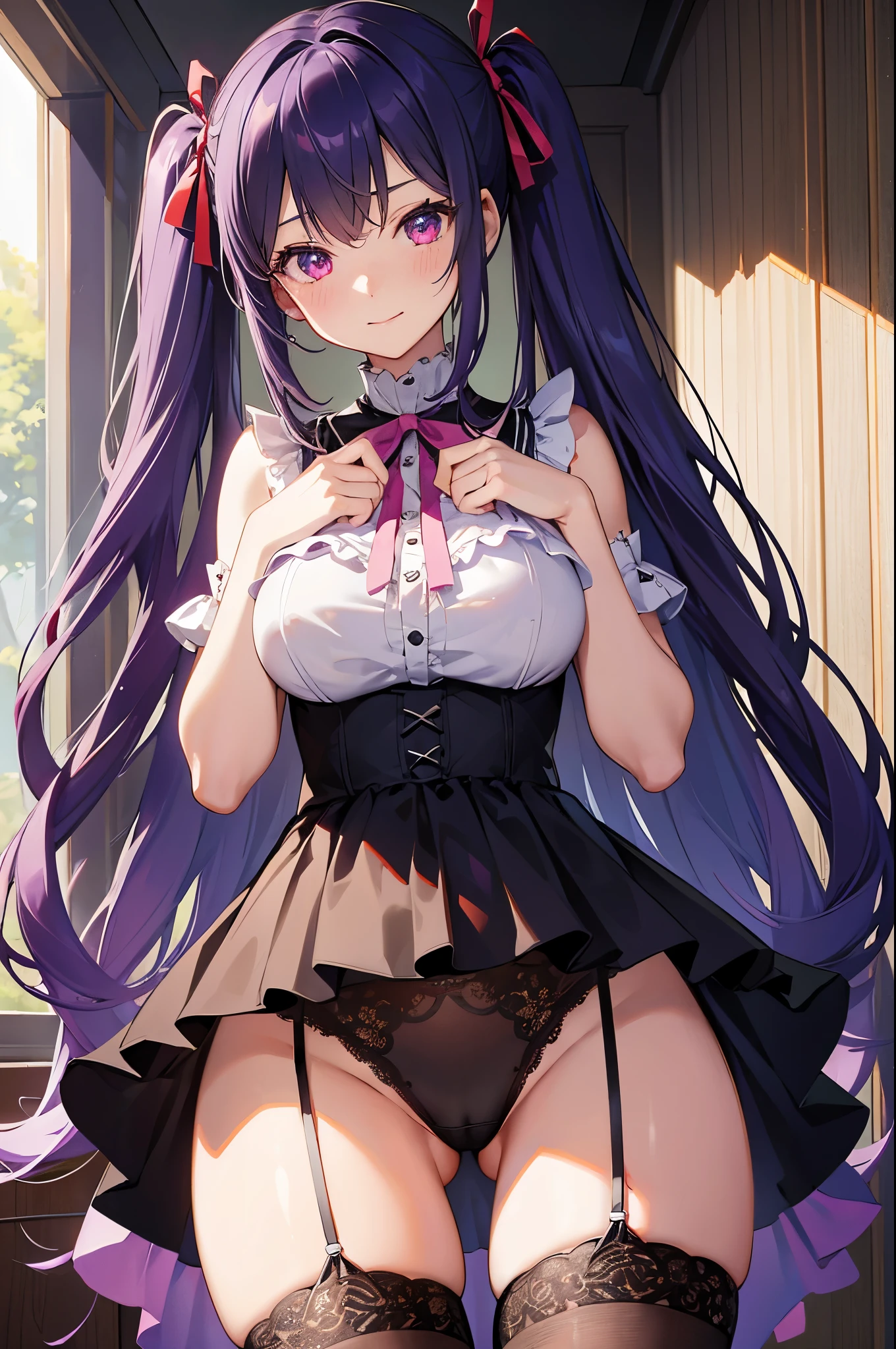 In 8K、highest quality、room with window、with a girl、Dark purple hair、twin tails、big pink ribbon、delicate face、smile、red eyes、blushing face、Pink blouse with plenty of frills、black mini skirt with lace、beautiful feet、striped lace tights、black platform pumps、seductive thighs、big breasts:1.8、big ass:5.5、big breasts、 thin waist、beautiful waist、shiny skin、black panties with holes、look down from below、seductive thighs、