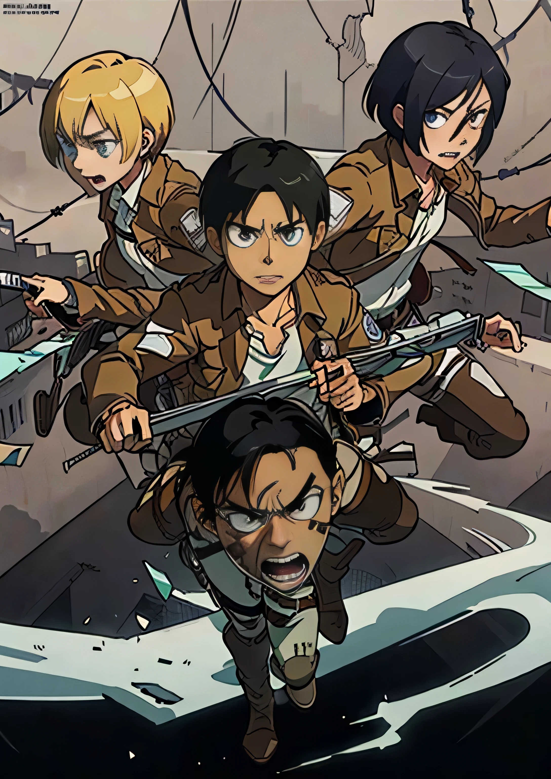 attack on titan anime wallpaper, shingeki no kyojin, key visual of attack on titan, attack on titan covert art, in attack on titan, snk, 3 people, eren yeager, mikasa ackerman, armin arlert, from attack on titan, flat anime style