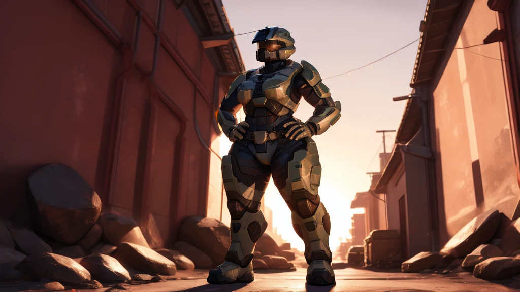 spartan halo, big breasts, wide hips, high res, high resolution, thick thighs, realistic, raw photo, thick thighs, body suit, standing pose, nipple outline, sunset, beautiful lighting, low angle, full body, wallpaper, 4k, 8k, background, (hand on hip), highly detailed, detailed fingers