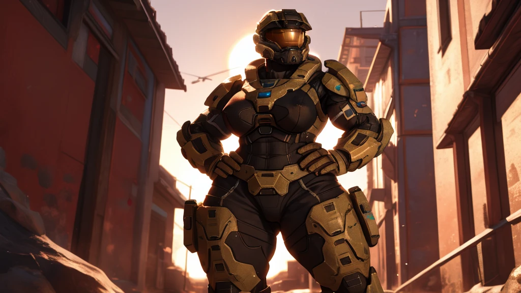 spartan halo, big breasts, wide hips, high res, high resolution, thick thighs, realistic, raw photo, thick thighs, body suit, standing pose, nipple outline, sunset, beautiful lighting, low angle, full body, wallpaper, 4k, 8k, background, (hand on hip), highly detailed, detailed fingers