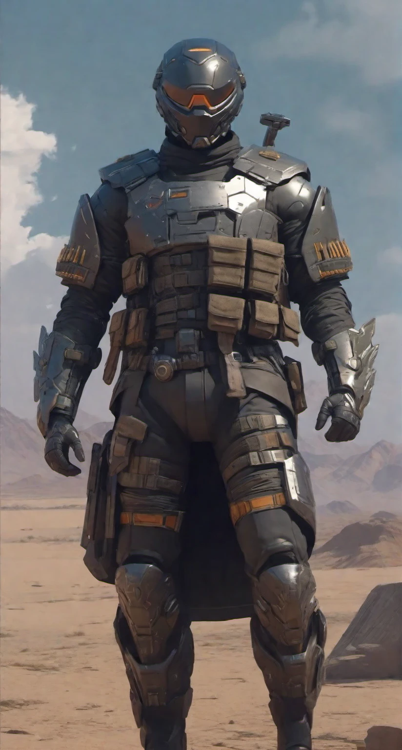 a man in a helmet dressed in tactical armor, With a black cape,Shoulder pads, Knee pads, three throwing knives holstered on his arm, Pistol holstered on his leg(Best quality, 4k, Masterpiece :1.3), Cyberpunk, Background, Sci-fi landscape, (Black cape), ultra realistic 8k cg