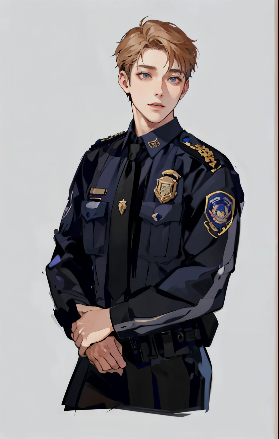 anime character man in uniform with tie and tie, character design The police man, character design The police man!!, Professional Character Design, The police, high quality fanart, Male character design, The police Officer, Officer, akehiko inoue and ross tran, Ross Tran and Bayard Wu, wearing a The police uniform, Jin Shan and Ross Tran, Official fanart
