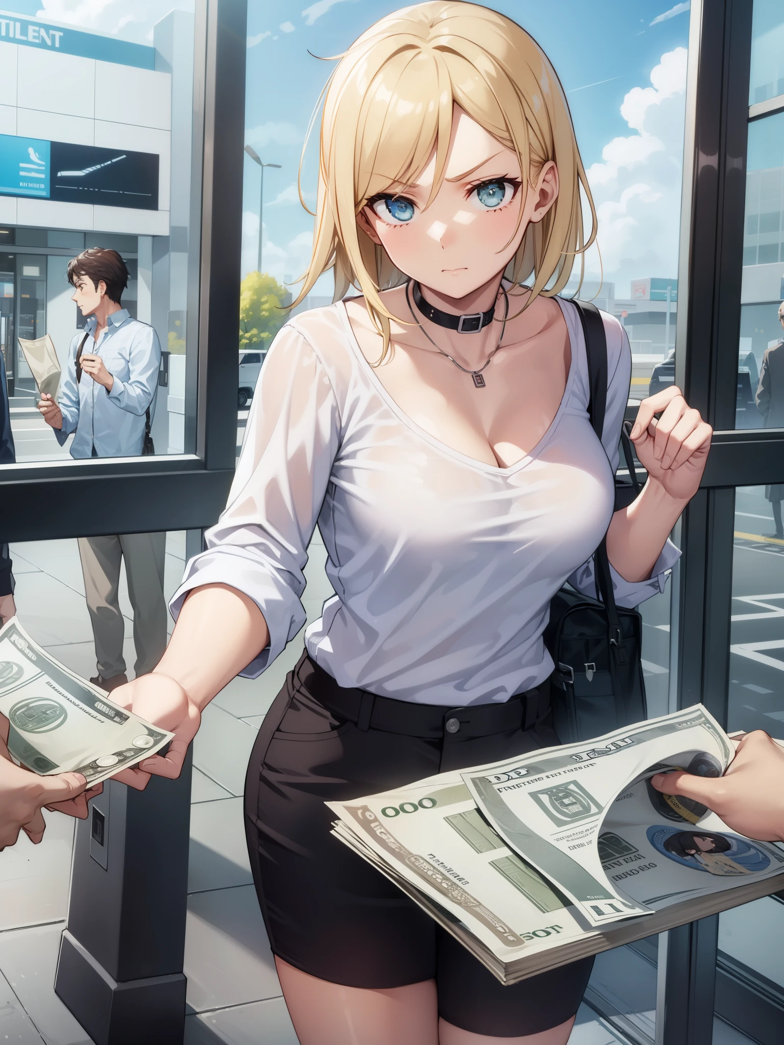 (The photo was taken in a room:2). The girl on focus, She is facing the camera. She is standing, and you can see her, (breasts focus:1.3). (she is holding money:1.9)
(She is wearing a blue bra:1.6), and you can see her cleavage, this photo is only focused on the body, for roleplay porpuses, she is also wearing panties, revealing her curves, she has very wide hips, you can see her great shape, you can see her. (She has pornographic exposure:2), (dynamic pose:2), has an evil smirk on her face.
The outfit is very tight, and she has a huge breasts, that are massive and insanely big.
(Her hair is blonde with colored streaks:1.3), (colored hair:2), (and short bob:1.9), or short blonde hair, or short multicolored hair.
(She has a very nice hair:1.2), and her hands are perfect. The shadows in the photo are soft. The girl is illuminated perfectly. The rest of the photo is perfect with a very detailed background. This creates a sense of pleasure and intrigue. The colors are all vibrant and satisfying to look at. The face is very realistic, and she is very detailed as well, she is appealing to look at. The general mood of the photo is sensual and alluring. The girl is the center of attention of the photo, And its beauty is undeniable. The beautiful setting and dramatic colors create a sense of hypnosis and excitement. This photograph is a perfect example of professional cinematic photography. It is well lit, well-proportioned, And the theme is absolutely amazing. It is sure to attract the attention of anyone, Who will see it. You could put a ornaments in her hair. Whatever, As a result, the photo will be composed?, It is sure to be a stunning and memorable image.