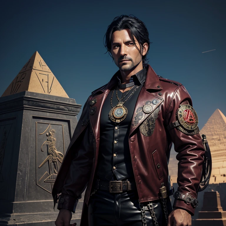 40-year-old man with red Steampunk jacket with snake print medallion with a pyramid arcane decoration black latex pants black shirt muscular build slim black hair blue eyes holding a pyramid amulet with ra&#39;s eye on a cemetery background 