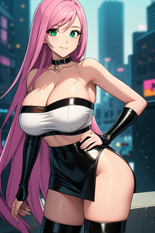 1 girl, 19 years old, Long pink hair, green eyes with slit pupils, master-piece, best quality, (standing up), (white strapless tube top), (tight white tube top, black leather pencil mini skirt, patent leather high heel boots, cleavage), (Big , ultra gigantic , Super super big, Glamorous body), Make eye contact with the camera, front figure, looking forward, (light_Smile:1.5), (Detailed hands and fingers:1.2) (Cyberpunk City), (FULL BODYSHOT), thighs thighs thighs thighs、beauty legs、
