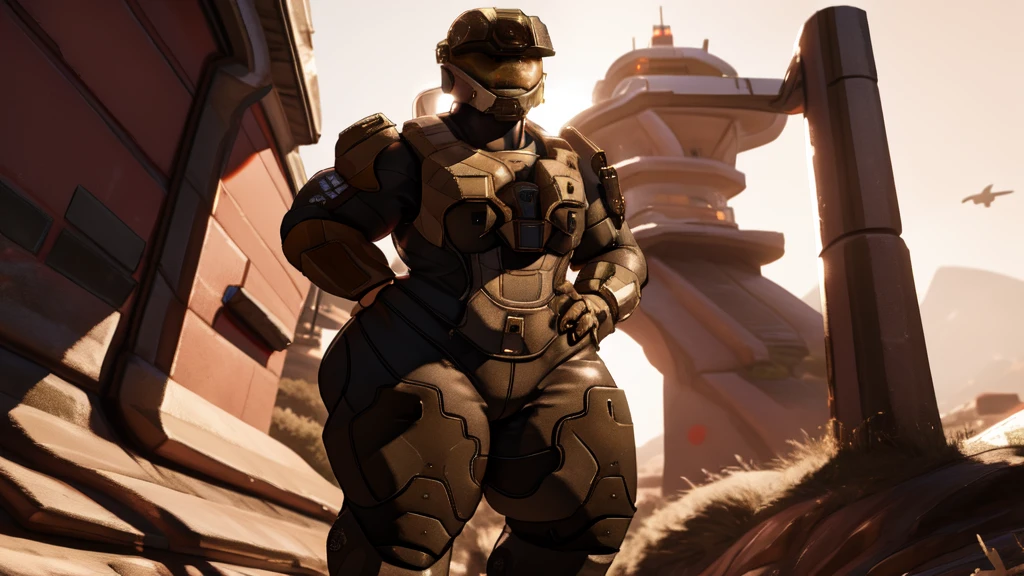 spartan halo, big breasts, wide hips, high res, high resolution, thick thighs, realistic, raw photo, thick thighs, body suit, standing pose, nipple outline, sunset, beautiful lighting, low angle