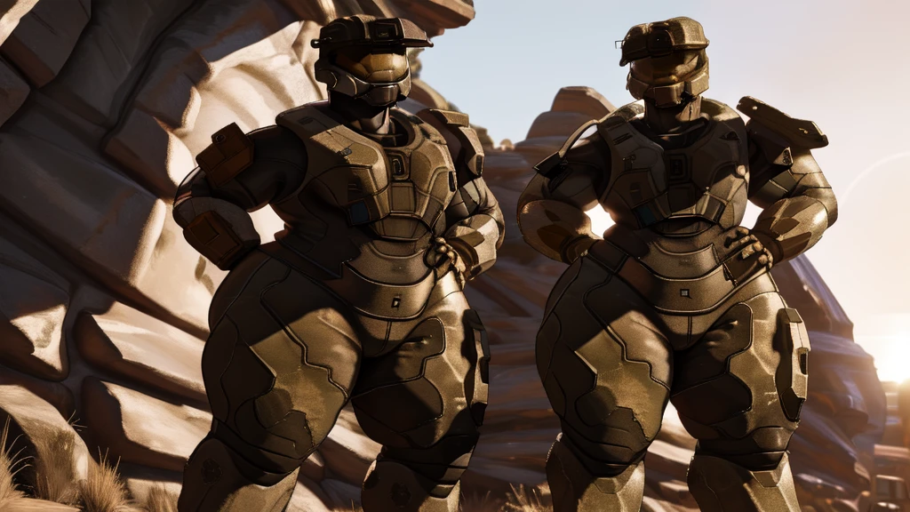 spartan halo, big breasts, wide hips, high res, high resolution, thick thighs, realistic, raw photo, thick thighs, body suit, standing pose, nipple outline, sunset, beautiful lighting, low angle, full body, wallpaper, 4k, 8k, background, (hand on hip), highly detailed, detailed fingers