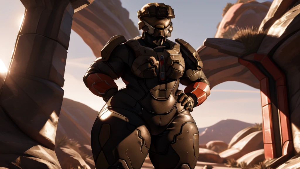 spartan halo, big breasts, wide hips, high res, high resolution, thick thighs, realistic, raw photo, thick thighs, body suit, standing pose, nipple outline, sunset, beautiful lighting, low angle, full body, wallpaper, 4k, 8k, background, (hand on hip), highly detailed, detailed fingers