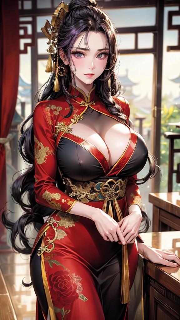 best quality, masterpiece, extremely detailed CG, extremely detailed 8K wallpaper, standing, HDR ,1girl, solo, indoors, Chinese brothel, cowboy shot, solo, looking at viewer, beautiful courtesan, long hair, courtesan clothes, straight hair, intricate details, hyper detailed, Beautiful Fingers, Beautiful Nose, Beautiful character design, perfect face, facing viewer, huge breasts, slim waist, gigantic breasts, arms at side purple eyes, highly detailed Chinese courtesan clothes, courtesan clothes, wuxia, slight smile, slightly narrow eyes, seductive beauty, Chinese style, purple coloured hair, elegant, light makeup, facing viewer, jade beauty