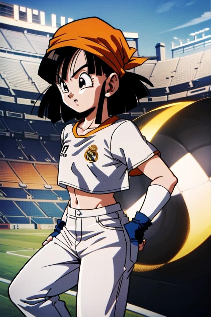 Pan, from Dragon Ball GT, is a young woman with short, dark hair, wearing a white shirt of the soccer team real madrid  , on football stadium,  female, crop top,, fingerless gloves, pants, orange bandana, short hair, black hair, black eyes, 1girl, pandballgt , real madrid white shirt