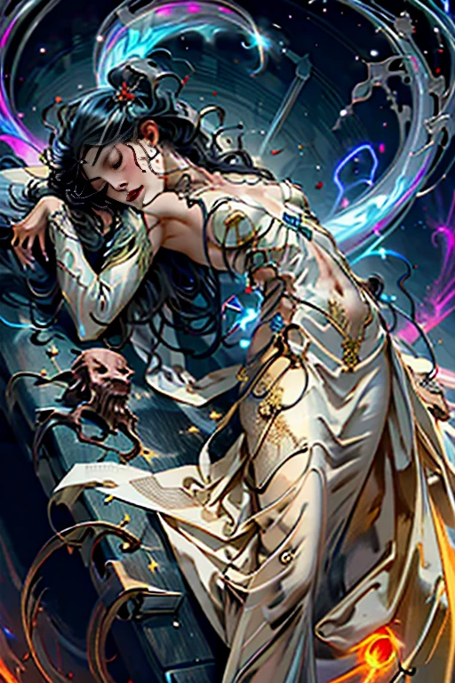 best quality,4k,8k,highres,masterpiece:1.2,ultra-detailed,realistic:1.37,HDR,UHD,studio lighting,ultra-fine painting,sharp focus,physically-based rendering,extreme detail description,professional,art nouveau,tarot card style, (2characters), dynamic angle, (dynamic pose), fierce expression, Full body, alien female,creatures from outer space, JnTrp, An alien female doing a summoning ritual, (red magic light), (she is infusing energy into a lying down creature corpse:1.6), fractalized, organic exoskeleton,glass exoskeleton,alien flora,bioluminescent fungi,vivid colors,pale red hues,trending on cgsociety,landscape,horror,sci-fi,concept artists,bright and vibrant colors,dreamy lighting