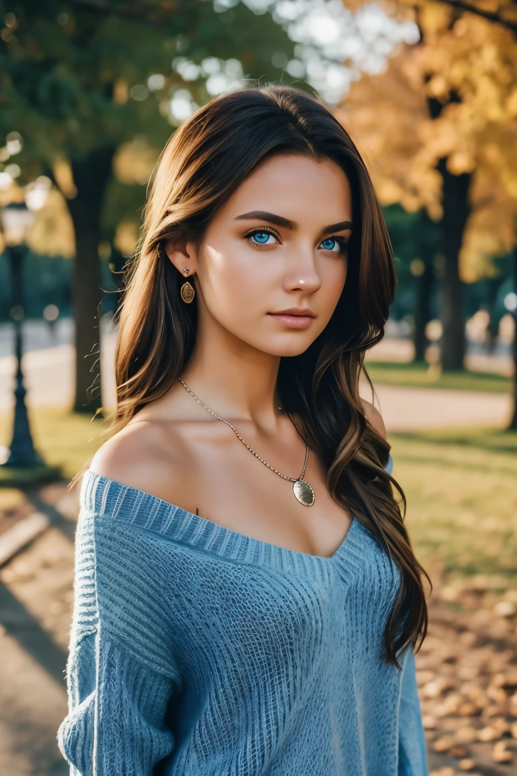 photo-realistic UP FRONT perspective color Eye-Level Shot, 1girl, age 20 years old , BLUE EYES   model, light brown hair, long hair, hair behind ear, exposed shoulder, jewerly, off the body sweater, elegant necklace, cinematic lighting, outside, in the park, DSLR, 35mm, f/1.8, Fujicolor, HDR, highres, 8k, 4k,