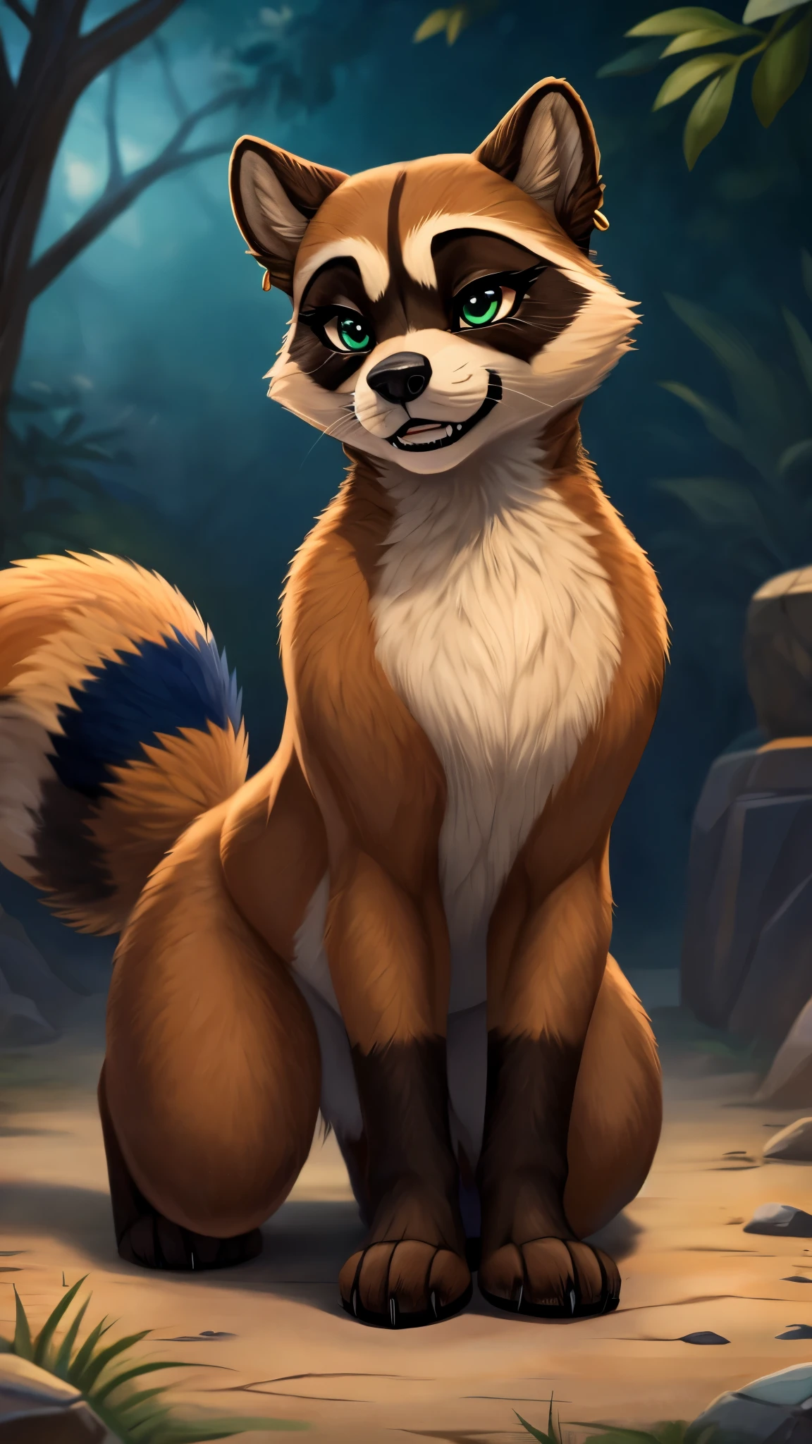 Imagine a character design that vividly brings to life a 22-year-old female feral raccoon with a unique and detailed appearance. On all fours at 4'11", this character boasts a thick, multi-colored fur coat, with a dark brown hue on her shoulders and arms, gradually lightening towards her feet, and beige fur on her inner thighs and rump. Her snout features a dark brown button nose, divided into two colors: beige on the lower jaw and light, partially covering her forehead and nasal bridge.Her eyes are striking, with near-black eye cavities framing light green irises and black pupils, accentuated by mascara and eyeliner for a respectable yet seductive look. Notably, she has five gold piercings in her right ear and two eyebrow piercings above her right eye. Her hands and feet have transformed into brown paws, and she sports a long, fluffy striped tail that reveals her emotions - wagging wildly when happy and drooping when sad. Her ears, with dark-brown inner fur and a beige outer rim, react to noises, while her sensitive nose twitches at strong scents.Dressed in whatever she can find, she typically wears no clothes as she’s an animal, with a beige medical plaster on her snout for aesthetic appeal. Despite her tough exterior and initial hostility, she's adaptable and possesses survival skills honed from her raccoon nature, including scavenging for food and being exceptionally agile.She's active during nocturnal hours, leveraging her superior vision and hearing. Although she maintains a certain hygiene standard and is skilled at washing clothes, she's homeless, navigating life with a blend of resilience and vulnerability. This character teases and flirts once she warms up to someone, displaying her complex personality and emotional depth. Feral, zoophillia, beastiality, nsfw, sexy