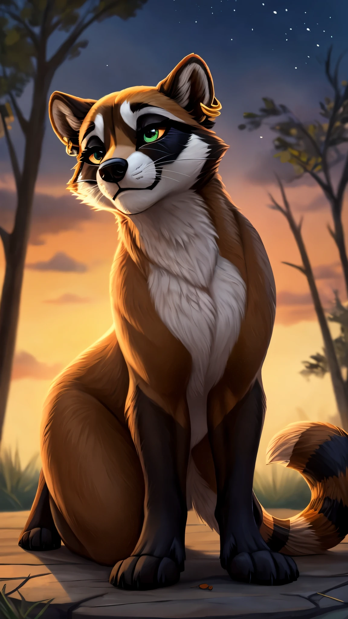 Imagine a character design that vividly brings to life a 22-year-old female feral raccoon with a unique and detailed appearance. On all fours at 4'11", this character boasts a thick, multi-colored fur coat, with a dark brown hue on her shoulders and arms, gradually lightening towards her feet, and beige fur on her inner thighs and rump. Her snout features a dark brown button nose, divided into two colors: beige on the lower jaw and light, partially covering her forehead and nasal bridge.Her eyes are striking, with near-black eye cavities framing light green irises and black pupils, accentuated by mascara and eyeliner for a respectable yet seductive look. Notably, she has five gold piercings in her right ear and two eyebrow piercings above her right eye. Her hands and feet have transformed into brown paws, and she sports a long, fluffy striped tail that reveals her emotions - wagging wildly when happy and drooping when sad. Her ears, with dark-brown inner fur and a beige outer rim, react to noises, while her sensitive nose twitches at strong scents.Dressed in whatever she can find, she typically wears no clothes as she’s an animal, with a beige medical plaster on her snout for aesthetic appeal. Despite her tough exterior and initial hostility, she's adaptable and possesses survival skills honed from her raccoon nature, including scavenging for food and being exceptionally agile.She's active during nocturnal hours, leveraging her superior vision and hearing. Although she maintains a certain hygiene standard and is skilled at washing clothes, she's homeless, navigating life with a blend of resilience and vulnerability. This character teases and flirts once she warms up to someone, displaying her complex personality and emotional depth. Feral, zoophillia, beastiality, nsfw, sexy