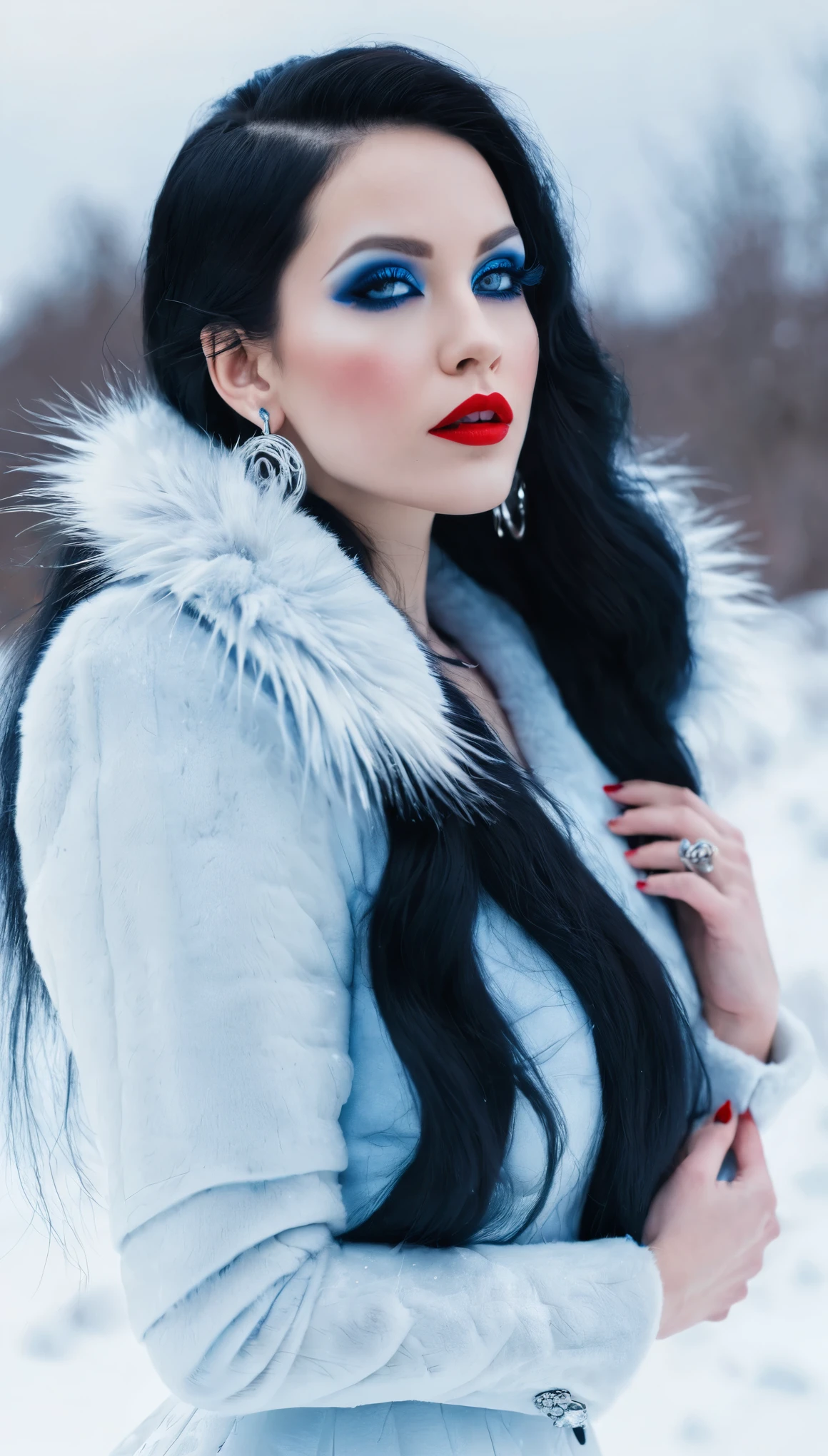 Woman, long black hair, bold light blue eyeshadows, red lips, goth style woman, white dress, outdoor, fullbody photo, high heels, huge silver earrings, winter, snow,white short fur jacket, small tattoo on arm