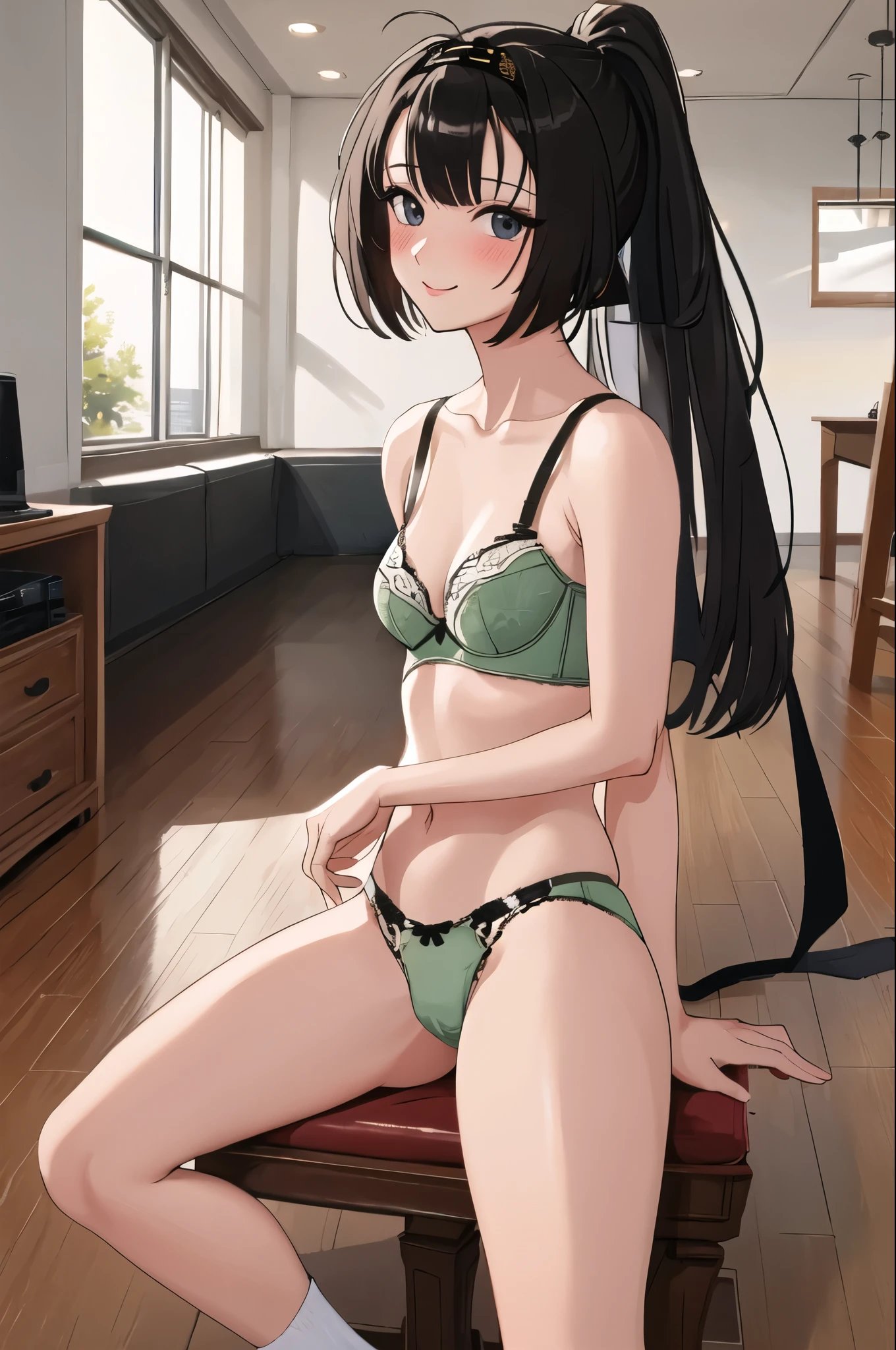 (masterpiece, highest quality:1.4), highest quality, masterpiece, High resolution,
(perfect anatomy), (symmetrical eyes, highly detailed eyes, beautiful eyes), (, super detailed face, beautiful face), (black eyes), (Eyes with irises) Blush destroys one girl, alone,,((NSFW))
QiuyueKC, (Qiuyue) (black) head band,
壊す
looking at viewer, cowboy shot, towards the audience, smile, (indoor, office, living room),
In underwear, panties, bra, (Light green underwear), spread your legs, lingerie