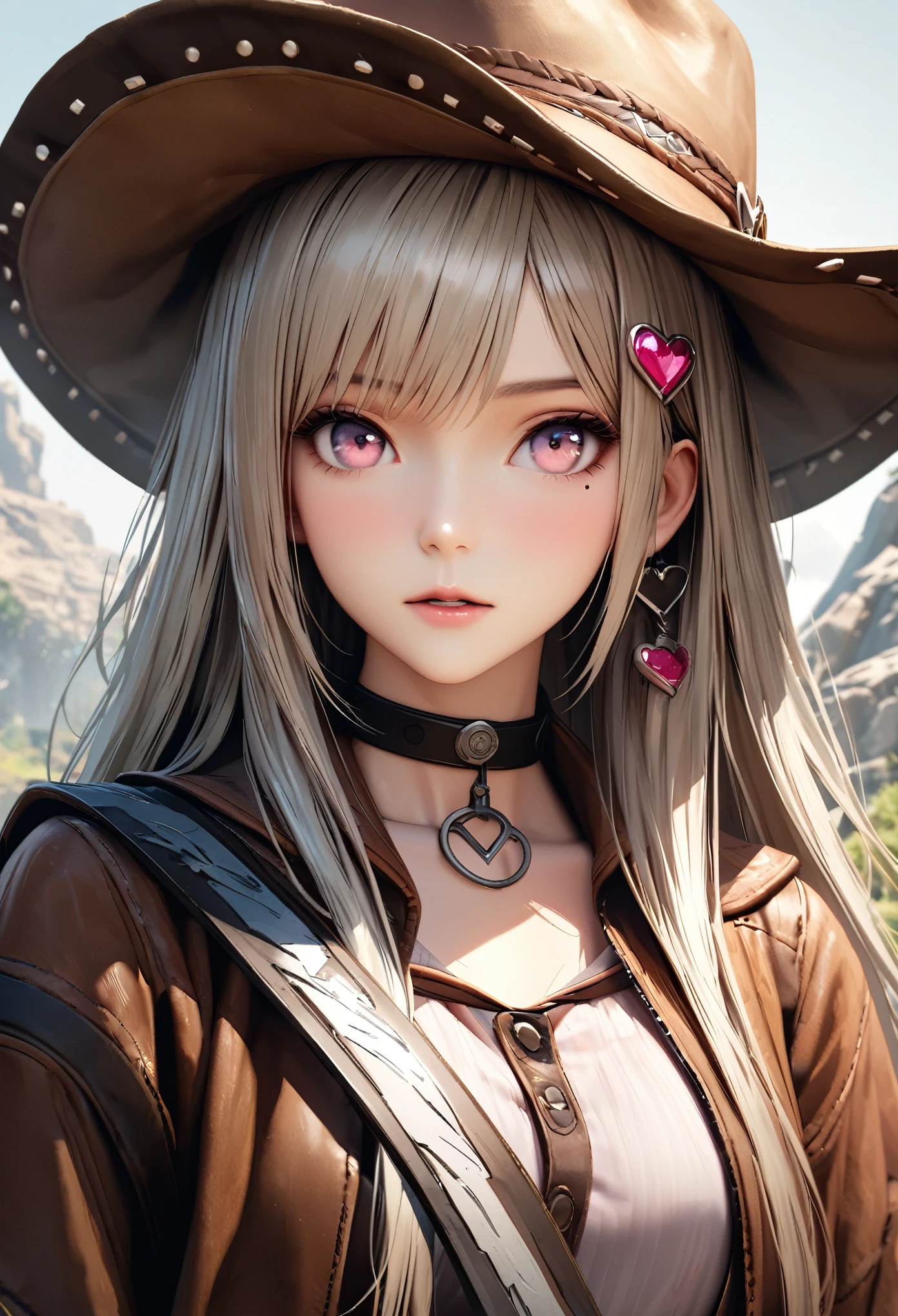 masterpiece,highest quality, Super detailed, High resolution, expensive resolution, HDR, 4k, 8K, unity 8k wallpaper, Super detailed CG, masterpiece, realistic, 2D, 3D, beautiful details, depth, fine texture , super fine: 1.3, Fully focused, Crispy.skin, .he, Very cute anime girl 、cowboy style costume、cowboy hat、cowboy boots technic wilderness、duel、long sword、Pink semi-long hair wearing expensive , one girl、alone, Pink semi-long hair, cowboy style、cowboy hat、long sword、duel、cowboy bootole under the eye, looking at the viewer , expensive , blush, mole, parted lips, hair ornaments, heart, pink eyes, choker