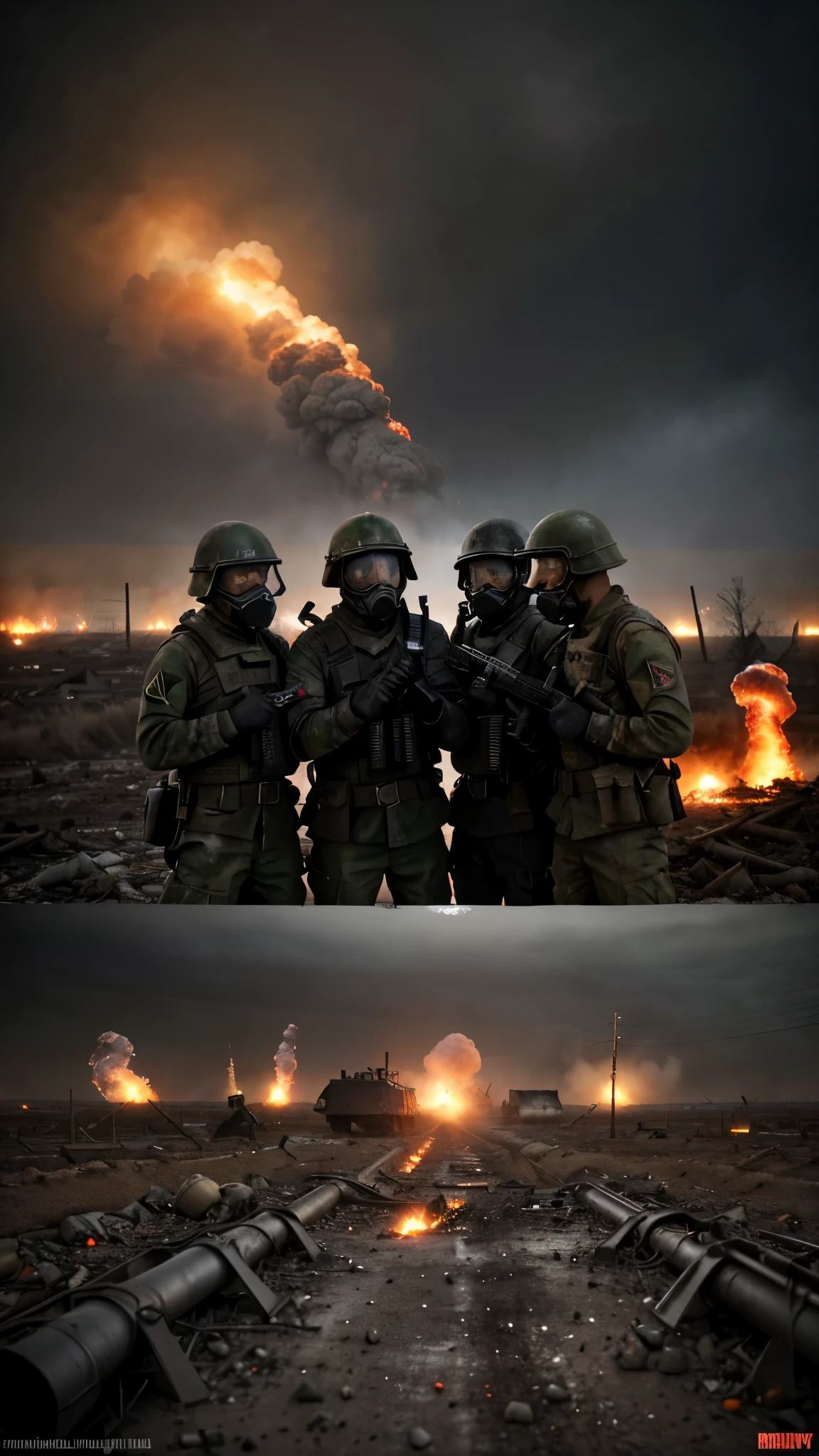 (best quality,highres),World War One scene,soldiers falling on the battle field,explosions and smoke,grim atmosphere,muddy trenches,barbed wire,crumbling buildings,rubble and debris,gas masks,detail of soldier's uniforms and equipment,artillery fire and explosions,bleak landscape,bullet shells scattered on the ground,heavy machine guns,muddy and bloodied boots,tension and fear,heavy clouds of smoke and dust,crimson sky,shattered helmets and gas masks,heavy rain,thunder and lightning,desolation and destruction,war-torn landscape,shell craters,cries of pain and agony,heart-wrenching scenes of wounded soldiers,haunting silence between moments of chaos, War Day prompt theme