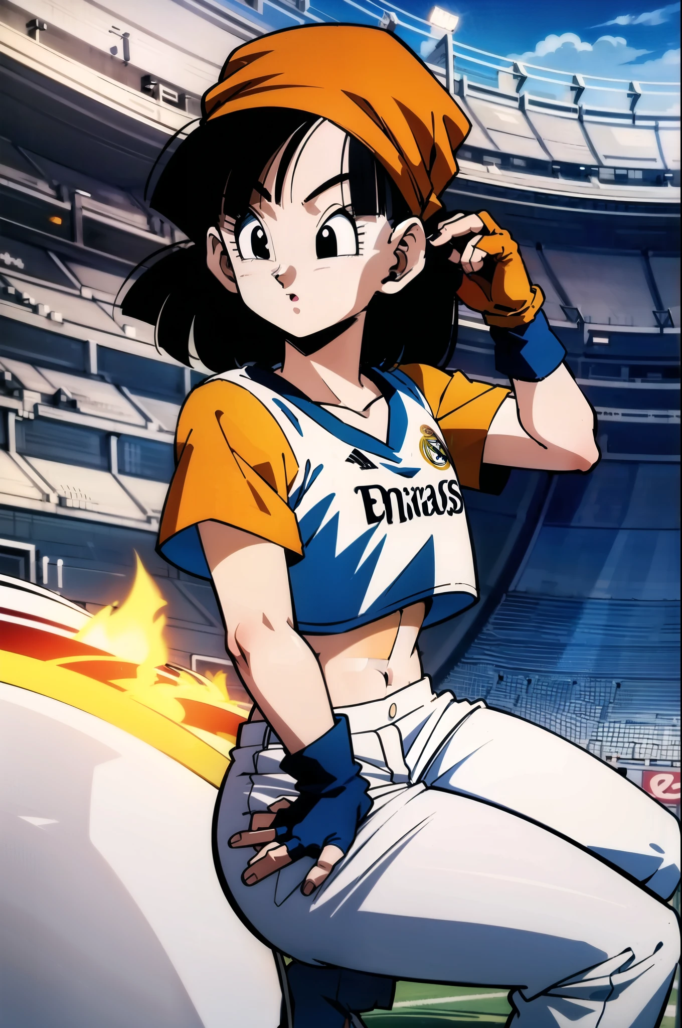 Pan, from Dragon Ball GT, is a young woman with short, dark hair, wearing a white shirt of the soccer team real madrid  , on football stadium,  female, crop top,, fingerless gloves, pants, orange bandana, short hair, black hair, black eyes, 1girl, pandballgt , real madrid white shirt